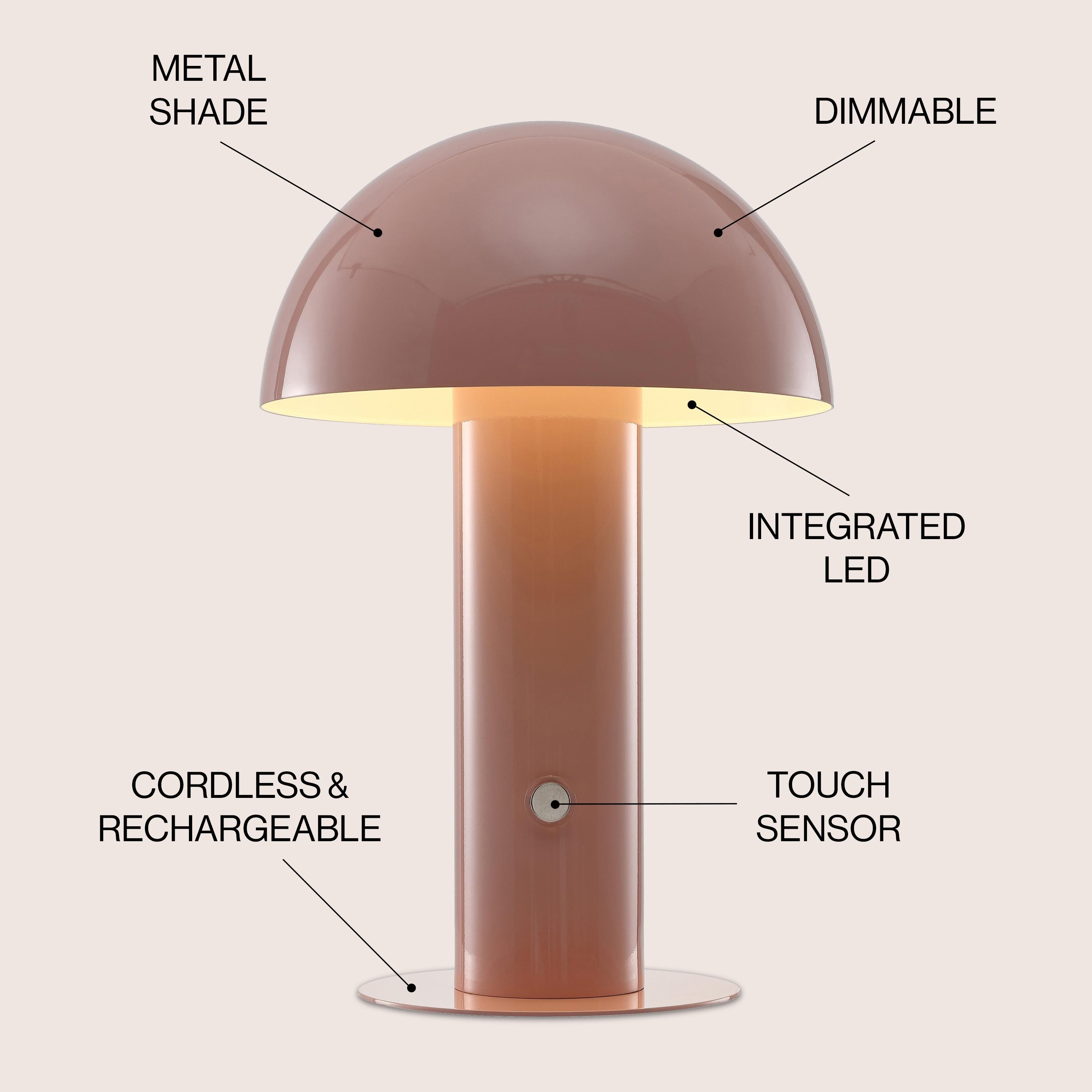 JONATHAN Y JYL7115F Boletus 10.75" Contemporary Bohemian Rechargeable/Cordless Iron Integrated Portable LED Mushroom Table Lamp, Modern, Coastal for living room, dinning room, bedroom, Pink
