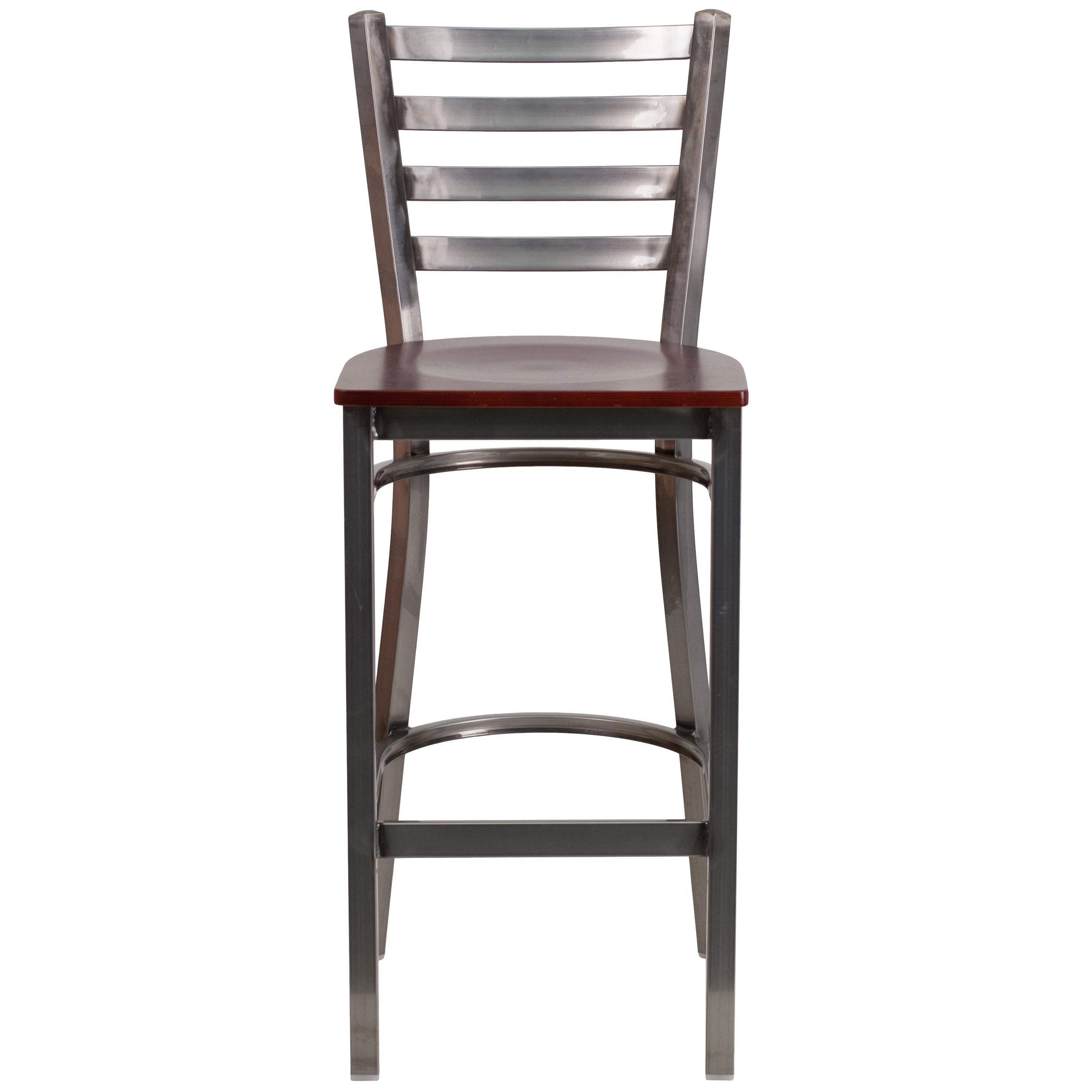Flash Furniture HERCULES Series Clear Coated Ladder Back Metal Restaurant Barstool - Mahogany Wood Seat