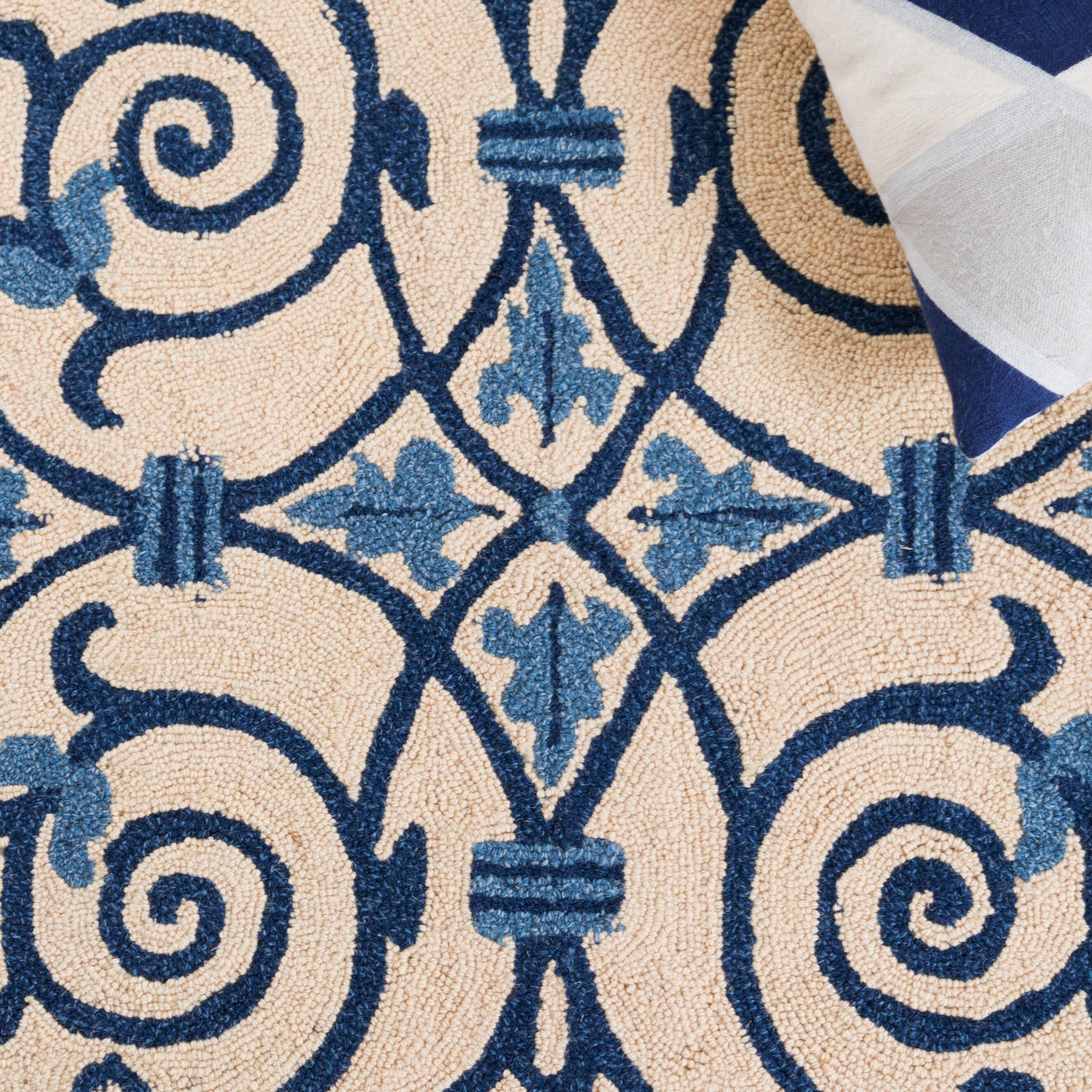 SAFAVIEH Chelsea Aragon Geometric Borders Wool Area Rug, Ivory/Dark Blue, 3' x 3' Round