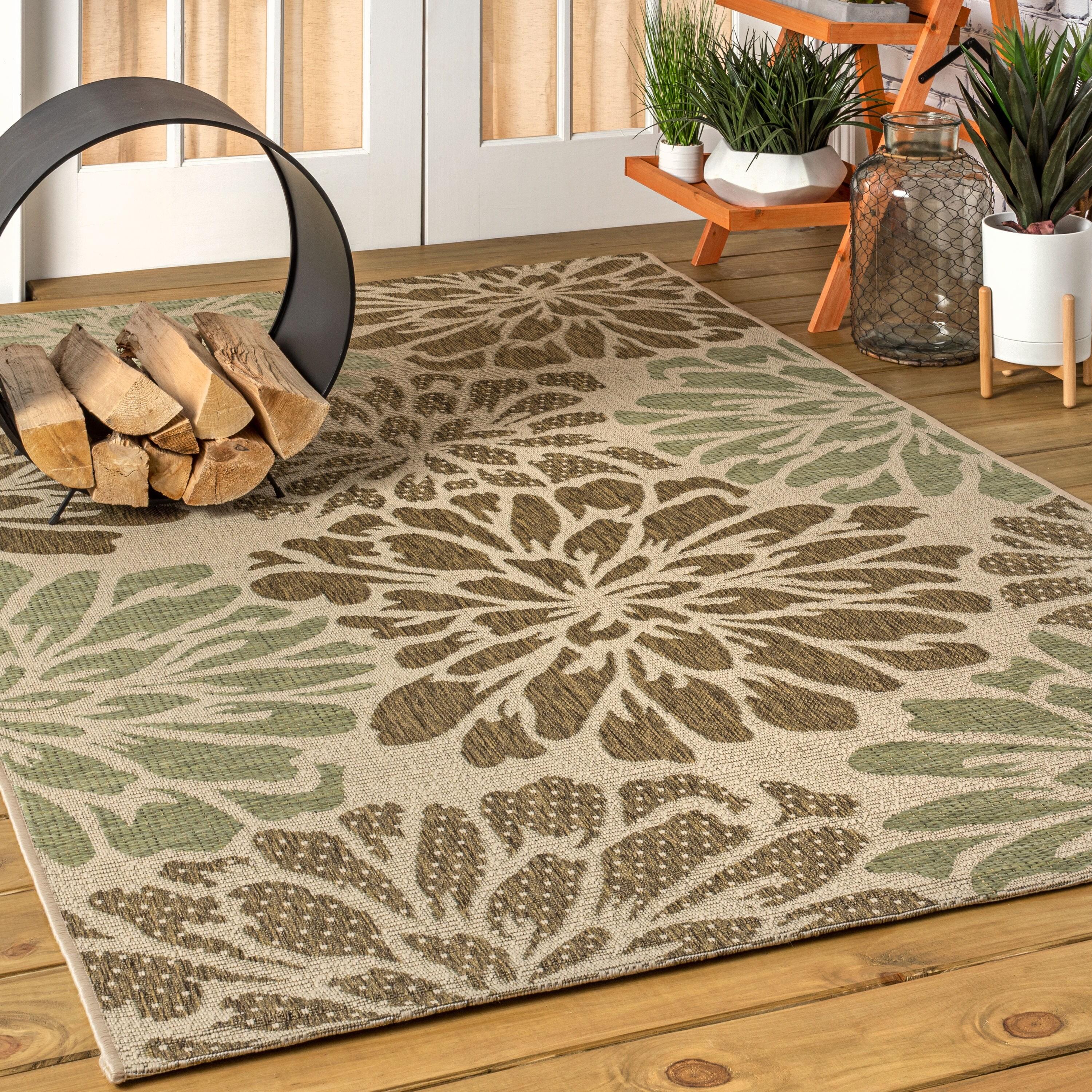 4'x6' Zinnia Modern Floral Textured Weave Indoor/Outdoor Area Rug, Sage/Brown - JONATHAN Y