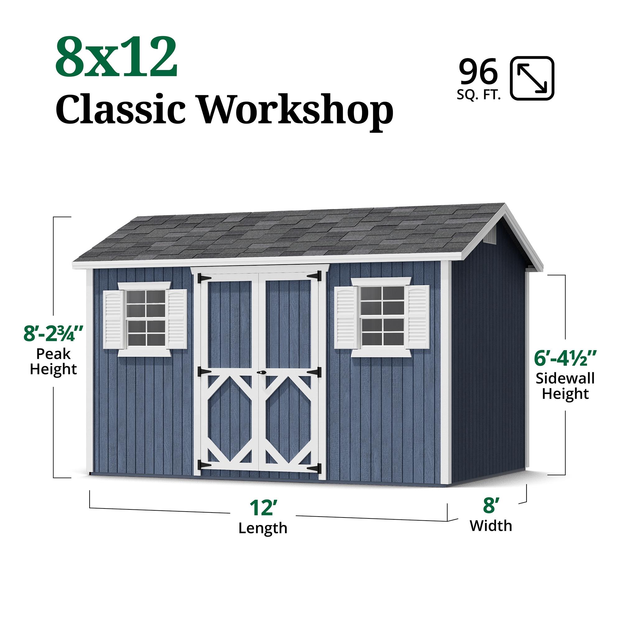 Little Cottage Co. 8x12 Classic Workshop Shed with Operable Windows and Floor, Outdoor Wood Storage Do-It-Yourself Precut Kit