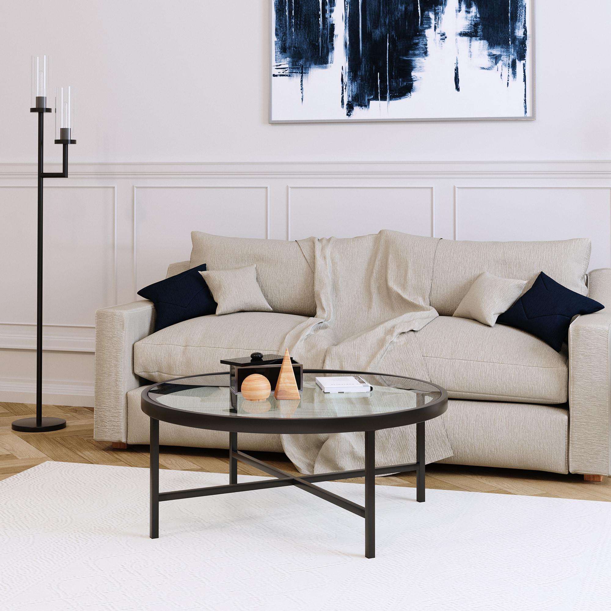 Evelyn&Zoe Xivil 36" Wide Round Coffee Table with Glass Top, Blackened Bronze