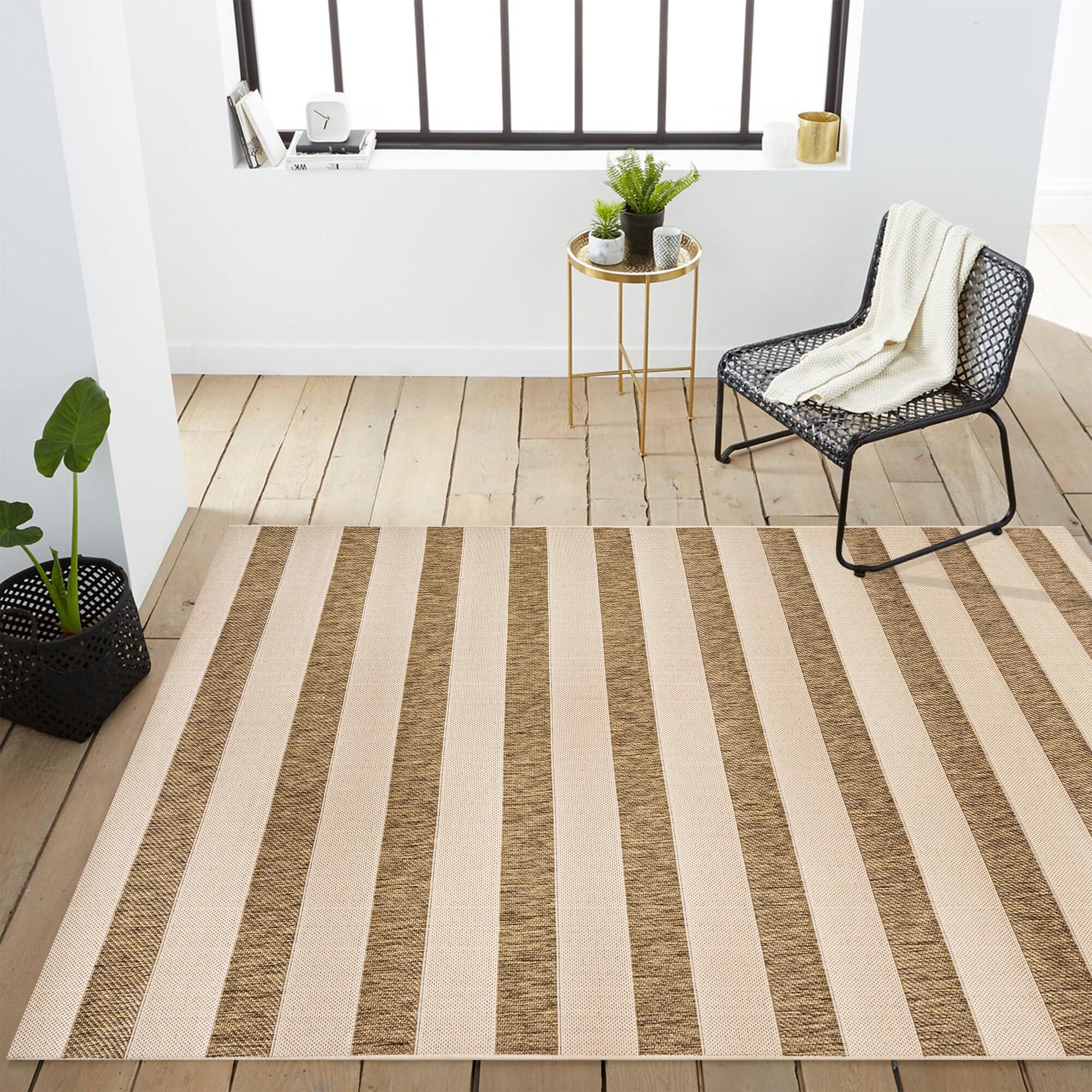 8'x10' Aveiro Wide Stripe Indoor/Outdoor Area Rug, Beige/Brown - JONATHAN Y