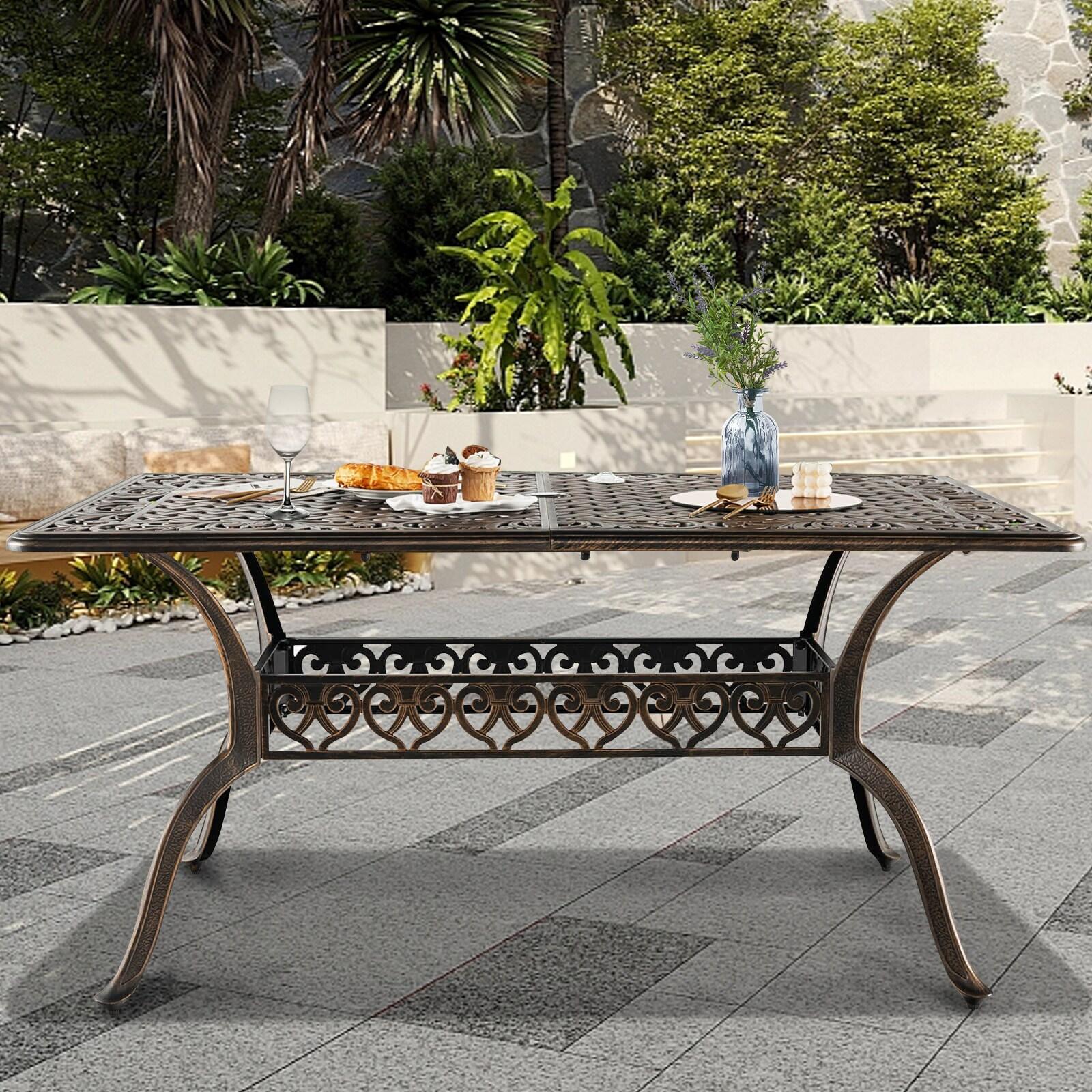 Outvita 59inch Patio Dinning Table, Outdoor Cast Aluminum Large Rectangle Table with Umbrella Hole and Antique Design for Backyard Pool Balcony Deck