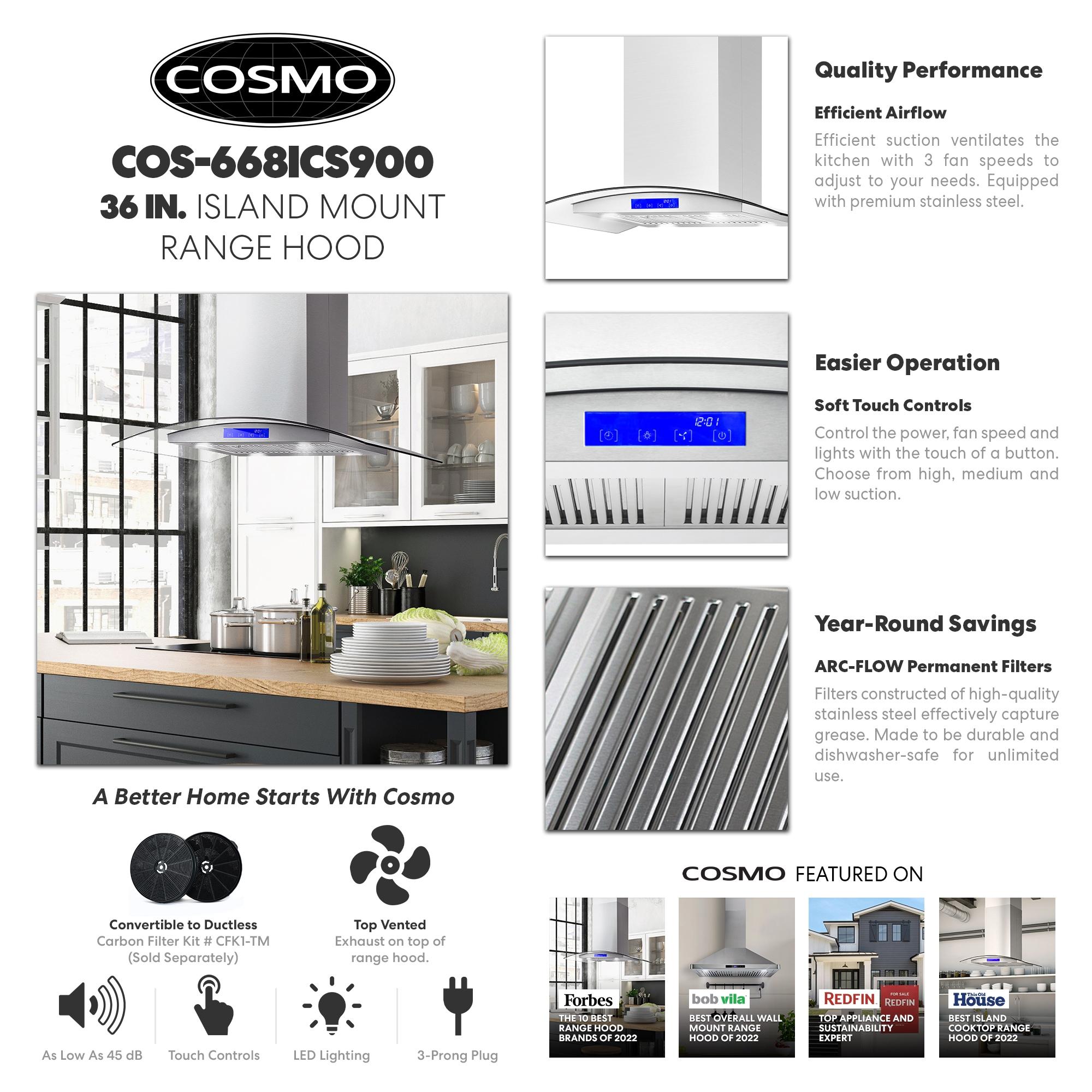Cosmo COS-668ICS900 36 Inch Island Range Hood w/ Touch Controls, Stainless Steel