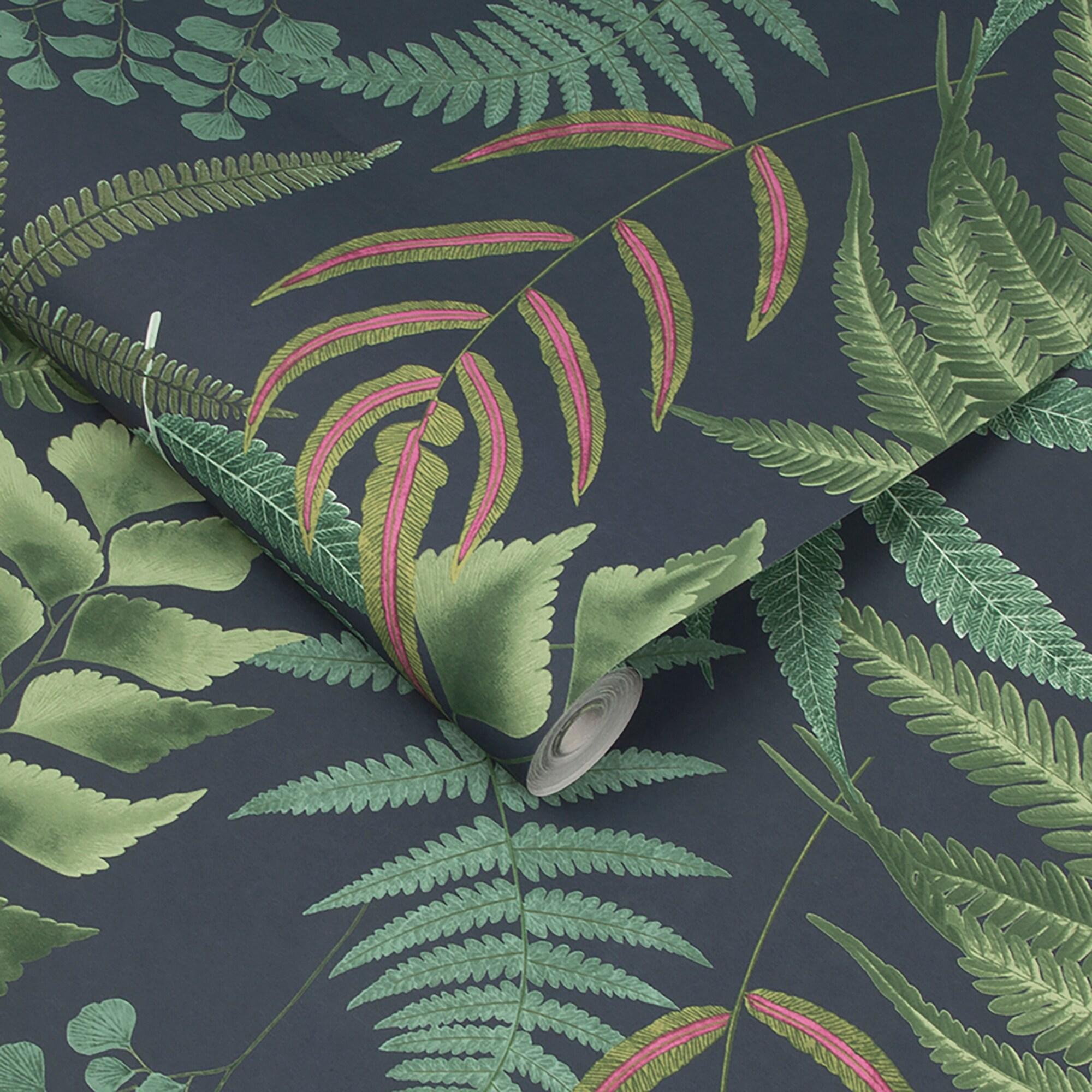 Midsummer Fern Navy Blue and Green Tropical Leaves Paste the Wall Wallpaper