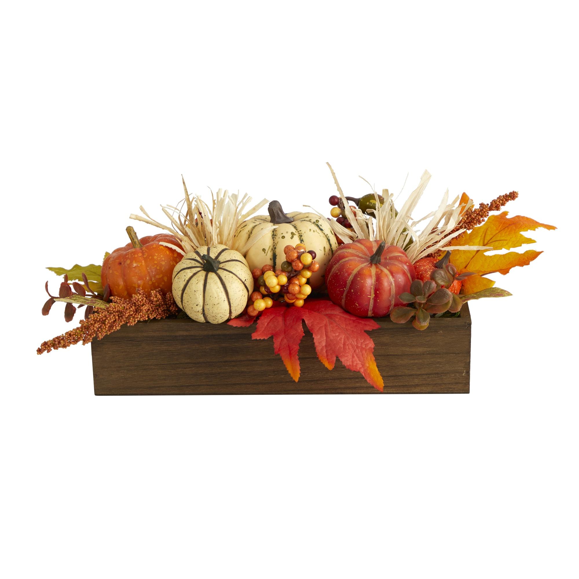 Harvest Pumpkin and Berries Artificial Arrangement in Wood Vase