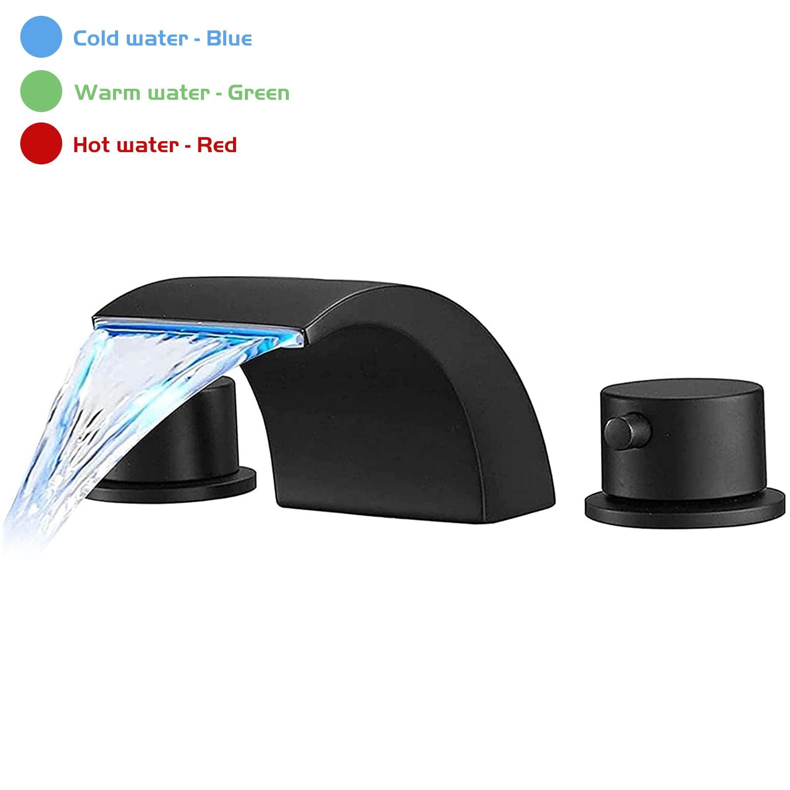 BWE 8 in. Widespread Waterfall Double Handle Three Holes Bathroom Faucet With Led Light in Black