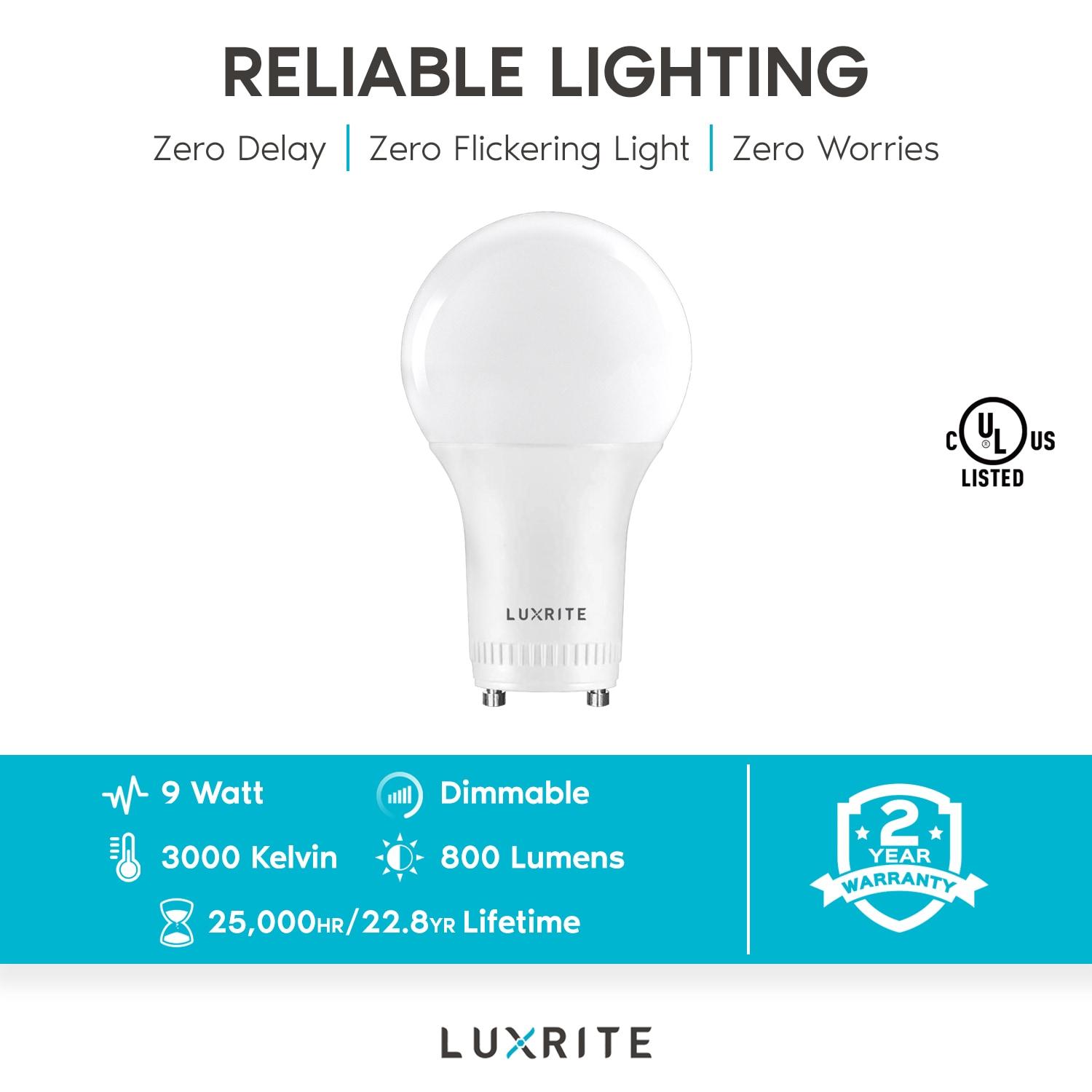 Luxrite A19 LED Bulb, 60W Equivalent, 3000K Soft White, Dimmable, 800 Lumens, Enclosed Fixture Rated, UL Listed, GU24 Base 24 Pack