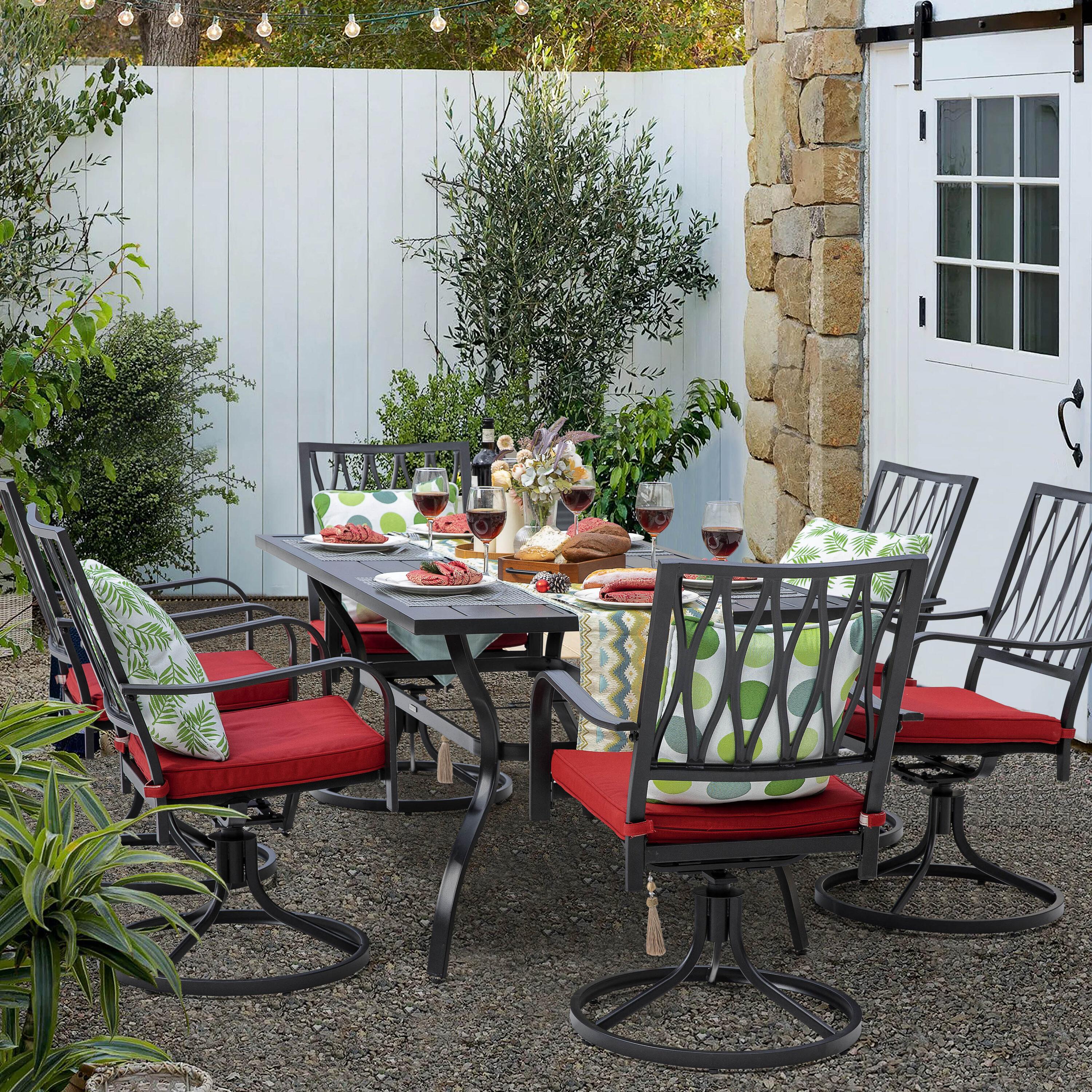 Nuu Garden 7 Piece Outdoor Patio Metal Dining Set with Swivel Cushioned Chairs & Rectangle Table for 6-Person,Black and Red Cushion