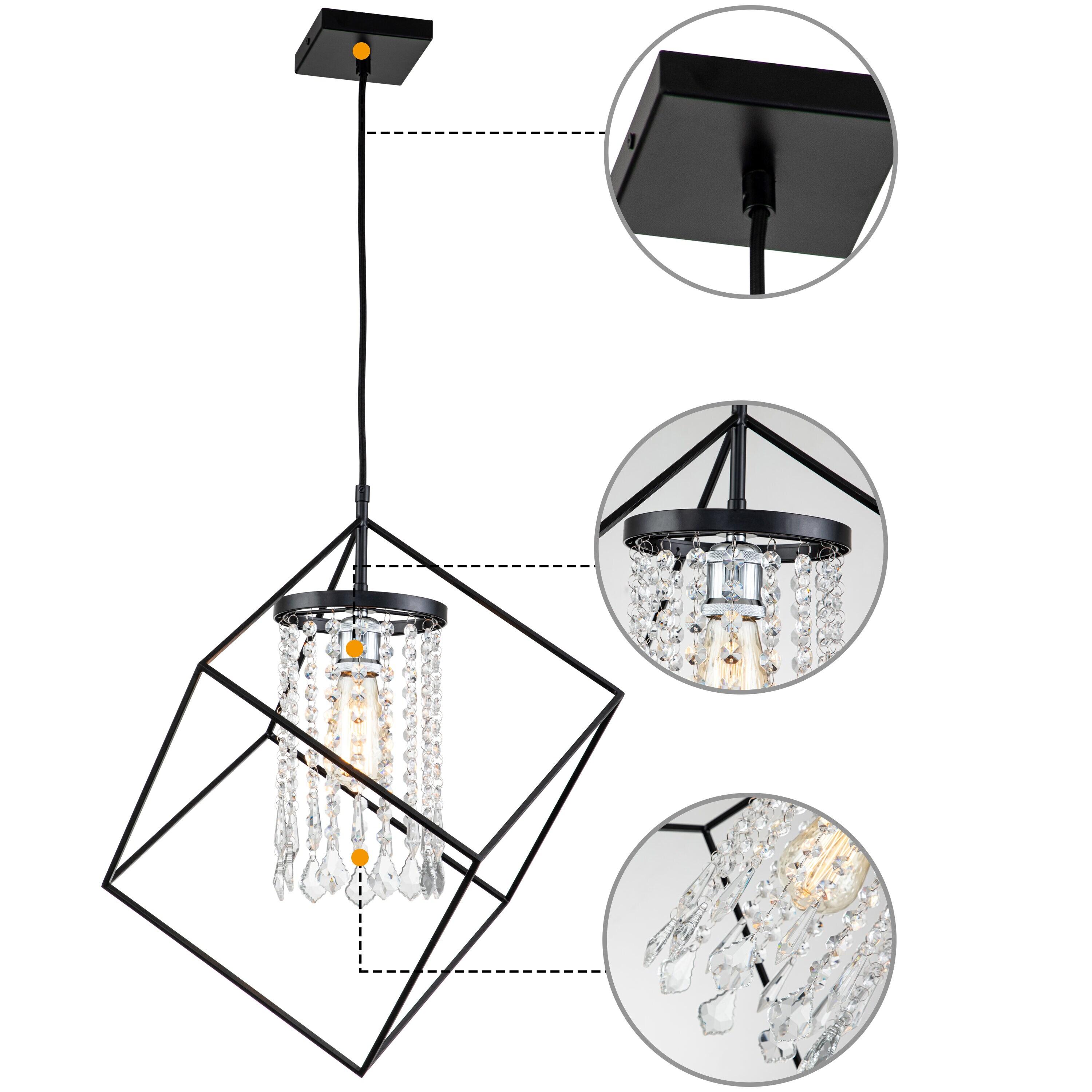 C Cattleya 1-Light Black Cube Pendant Light with Cylinder Crystal Beads Shade