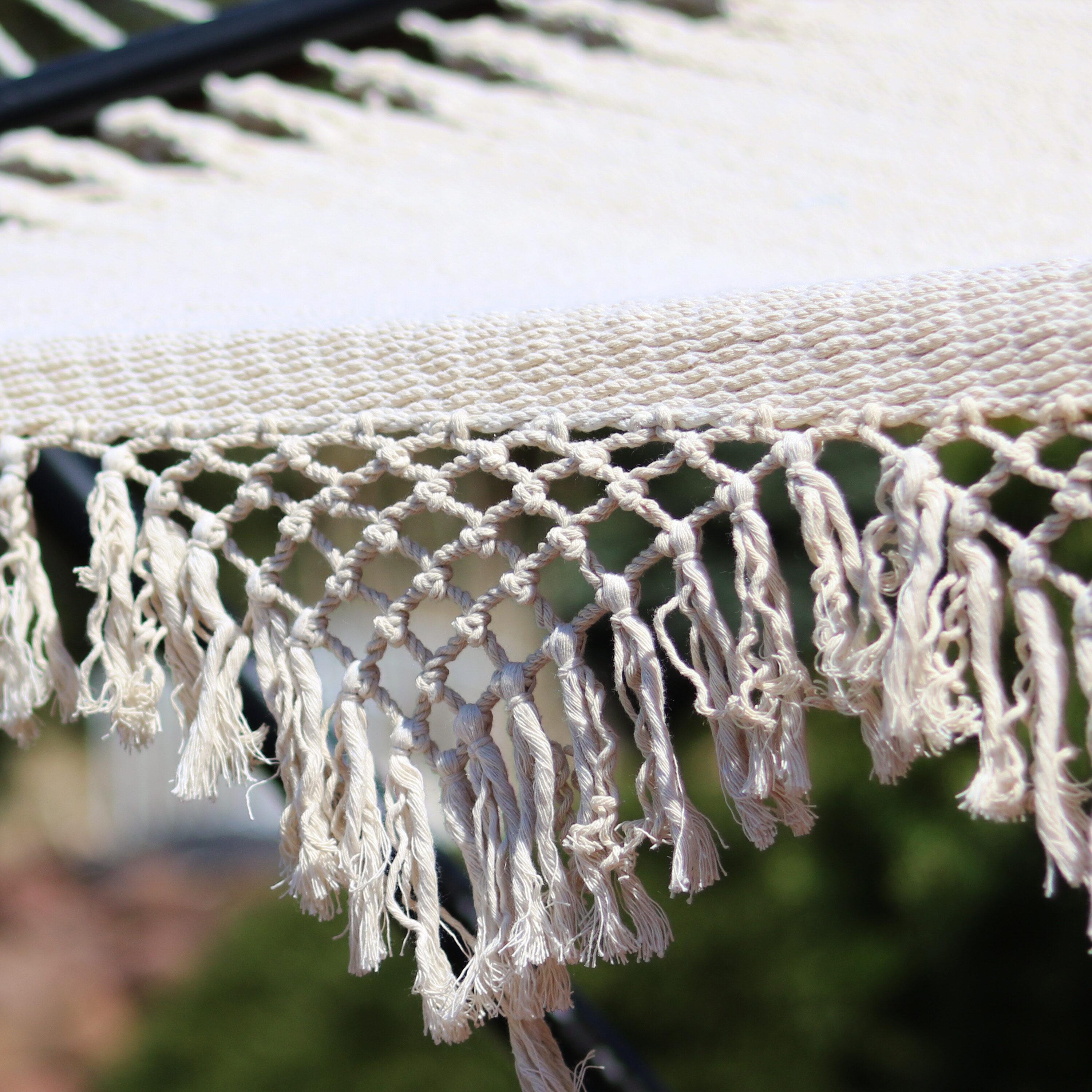 Sunnydaze Heavy-Duty 2-Person Woven Polyester Style Hammock with Crocheted edges and Wooden Spreader Bars - 600 lb Weight Capacity - Natural