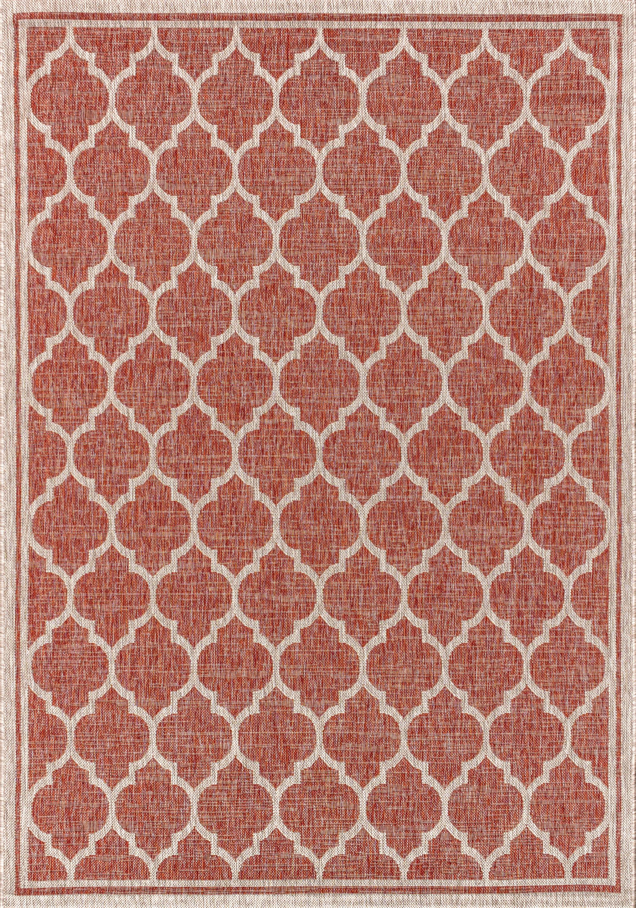 4'x6' Trebol Moroccan Trellis Textured Weave Indoor/Outdoor Area Rug, Red/Beige - JONATHAN Y