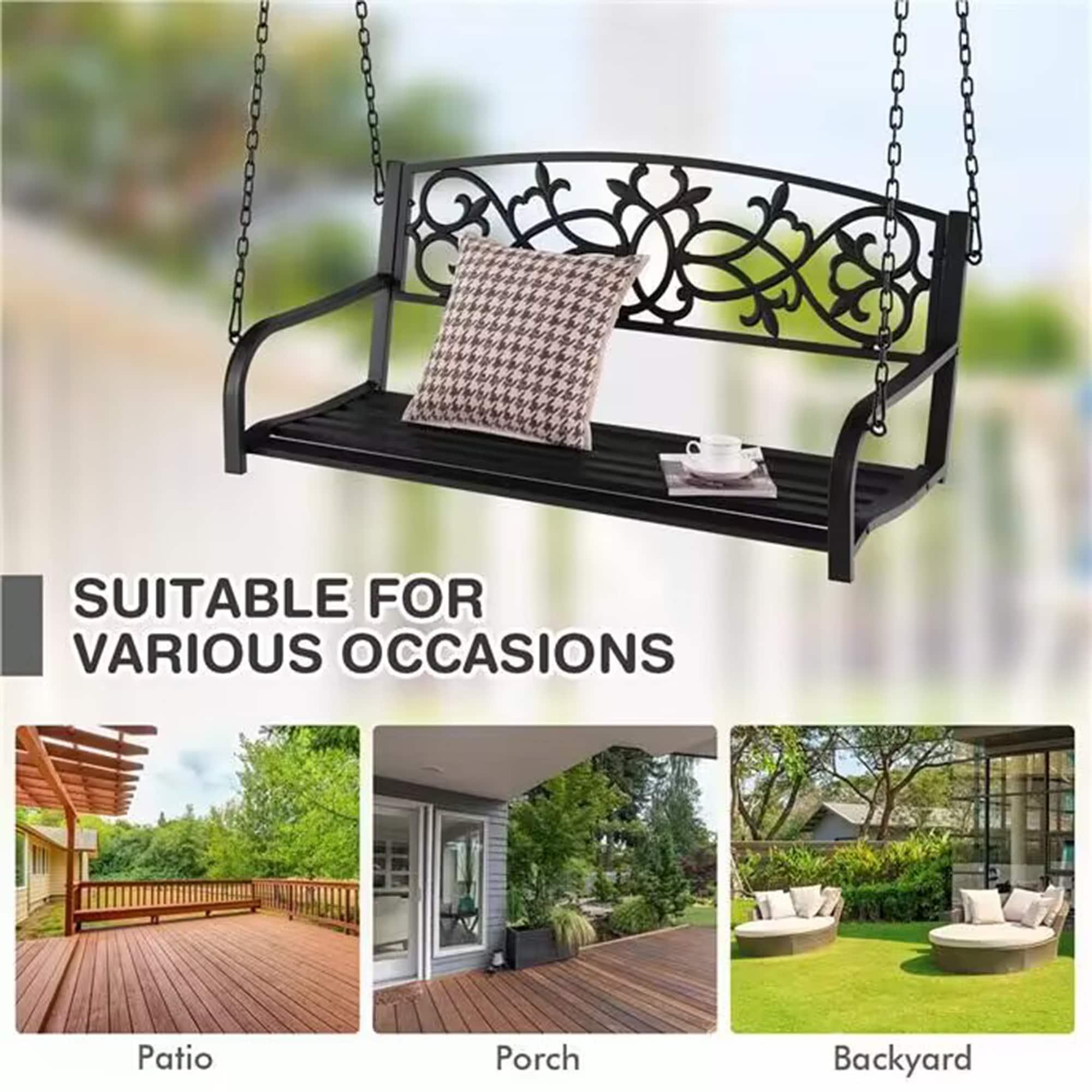 Kadyn Patio Swings for Porch,Comfortable Porch Swings,2-Person Outdoor Porch Metal Hanging Swing Chair with Sturdy Chains-Black