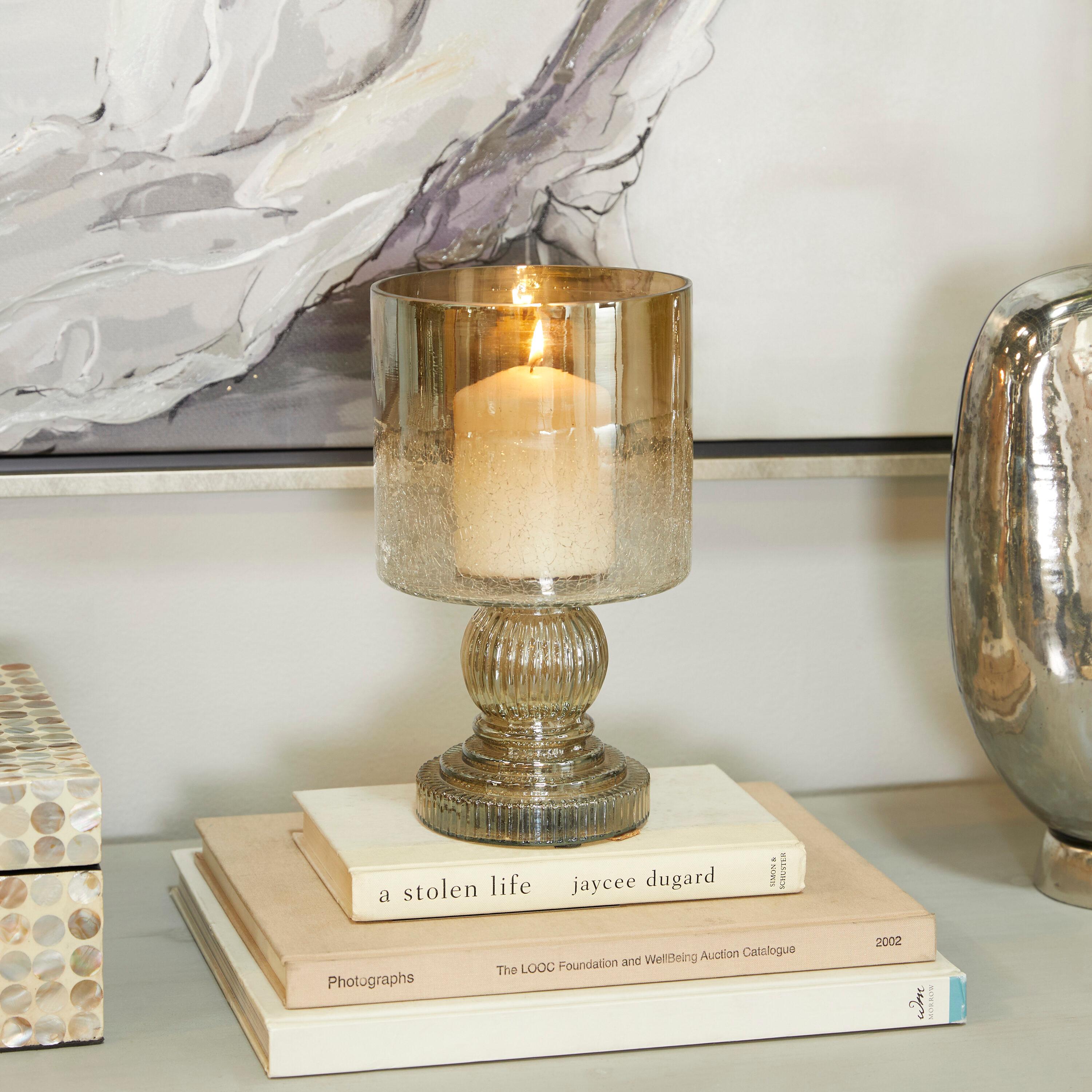 DecMode Brass Glass Handmade Turned Style Pillar Hurricane Lamp with Faux Mercury Glass Finish