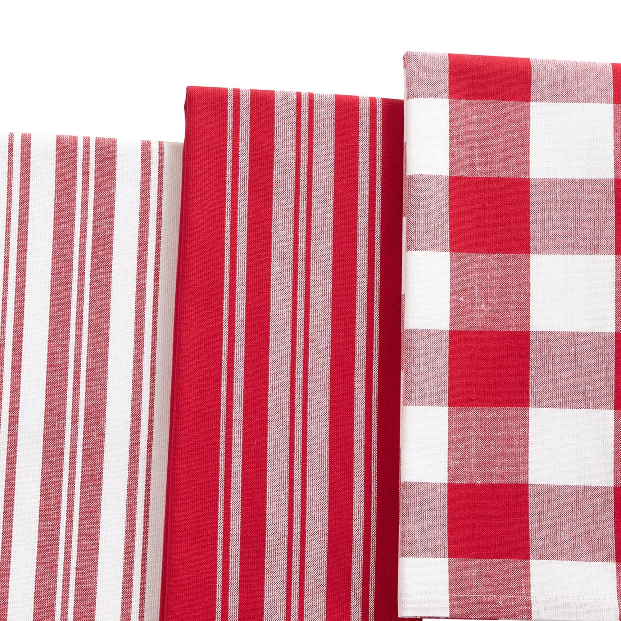 Farmhouse Living Stripe and Check Kitchen Towels, Set of 3 - 17" x 28" - Red/White - Elrene Home Fashions