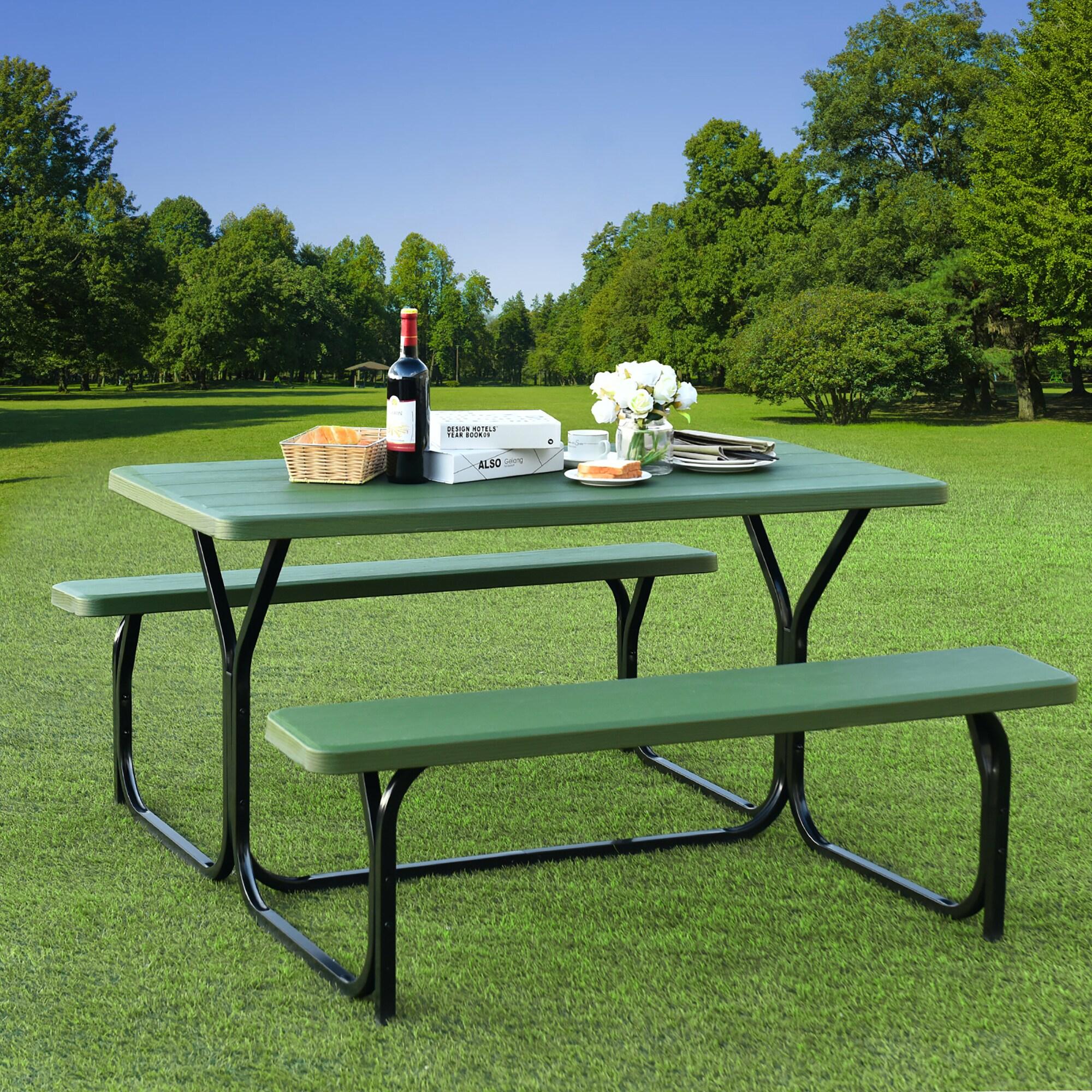 Spaco Picnic Table Bench Set for Outdoor Camping -Green, Furniture Conversation Sets, Coffee Table for Garden, Poolside, Backyard