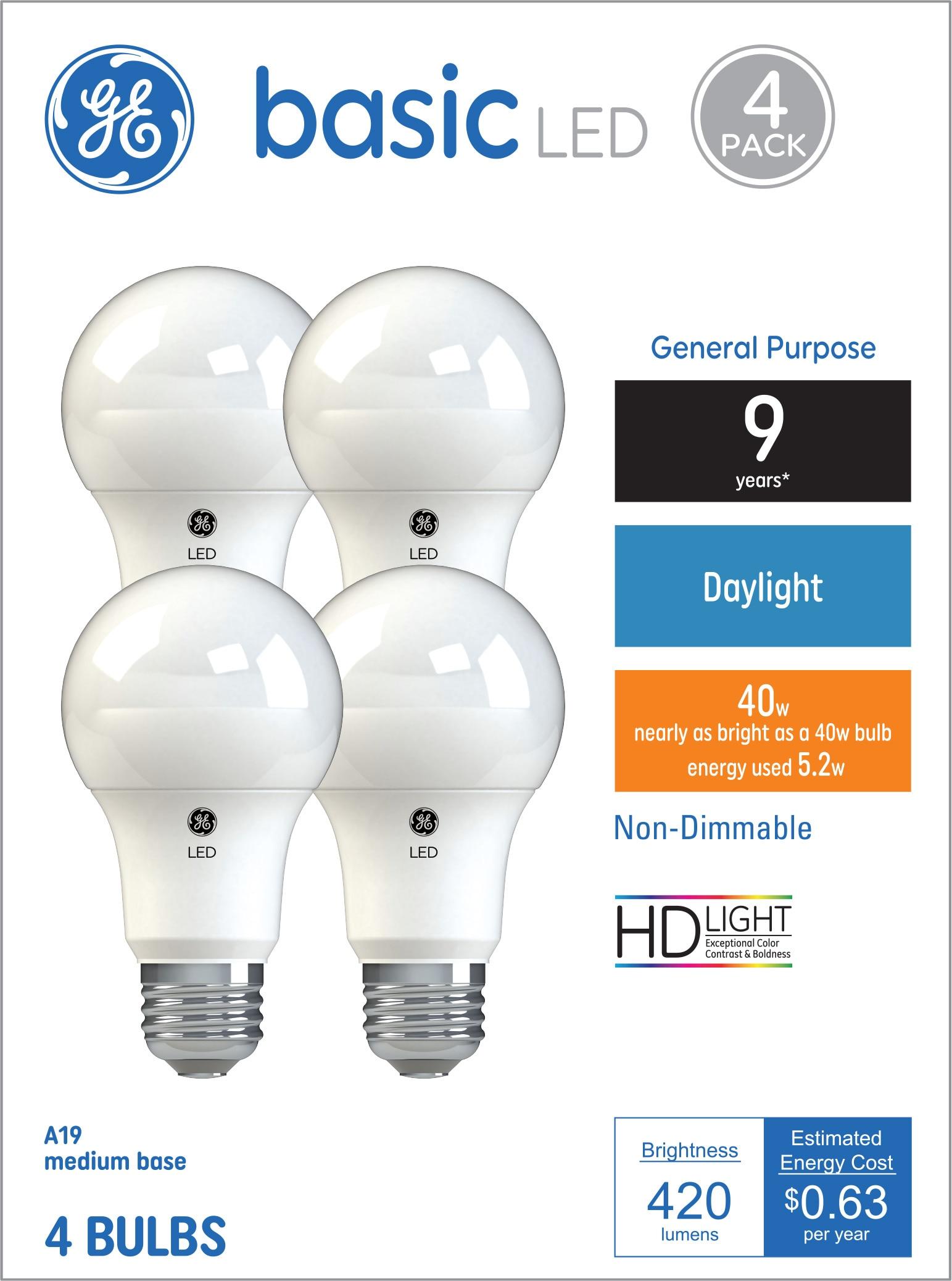 GE 4pk 40W Basic A19 LED Light Bulbs Daylight: 5000K, 420 Lumens, E26 Base, 9.1-Year Life, Damp Location Suitable