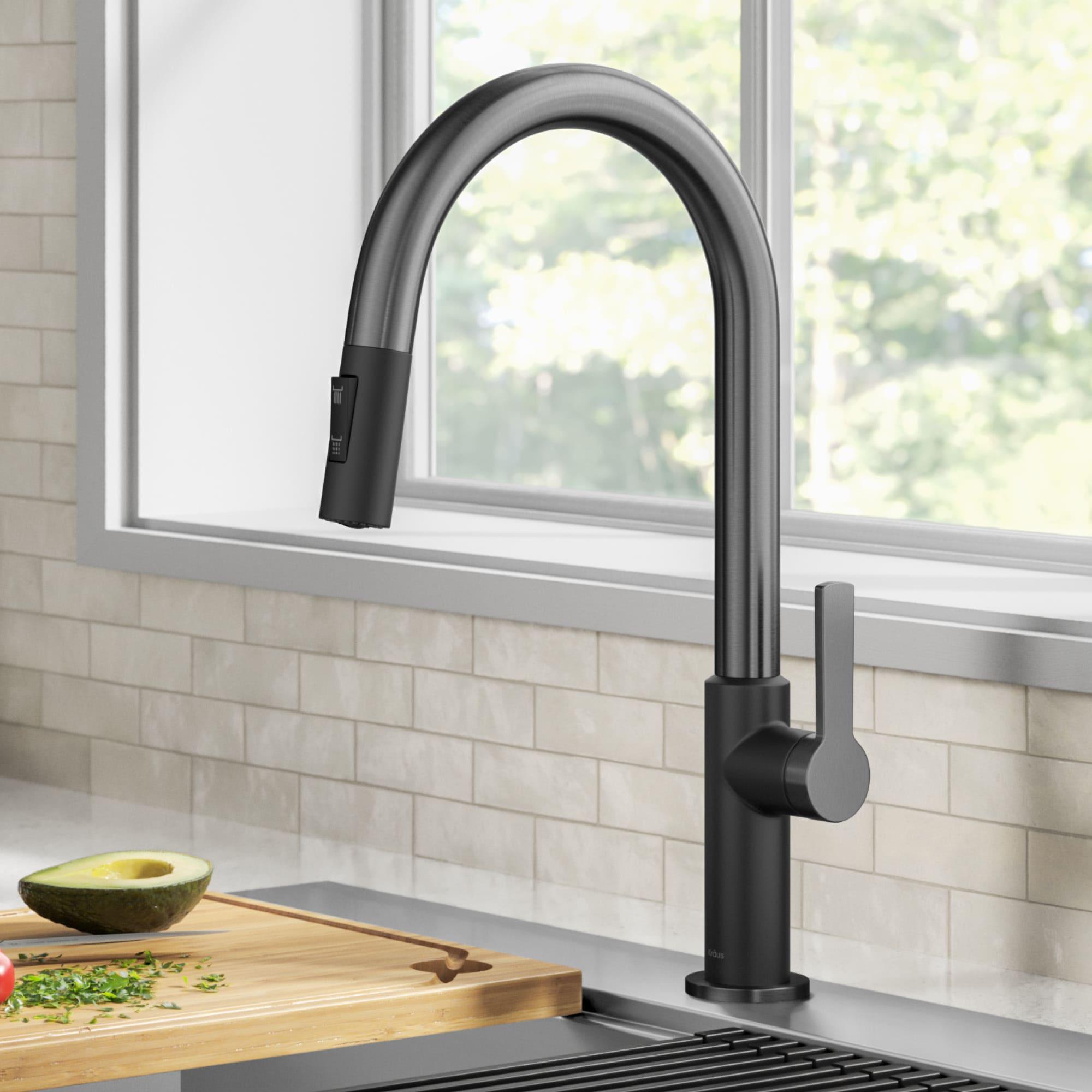 KRAUS Oletto Single Handle Pull Down Kitchen Faucet in Matte Black / Spot Free Black