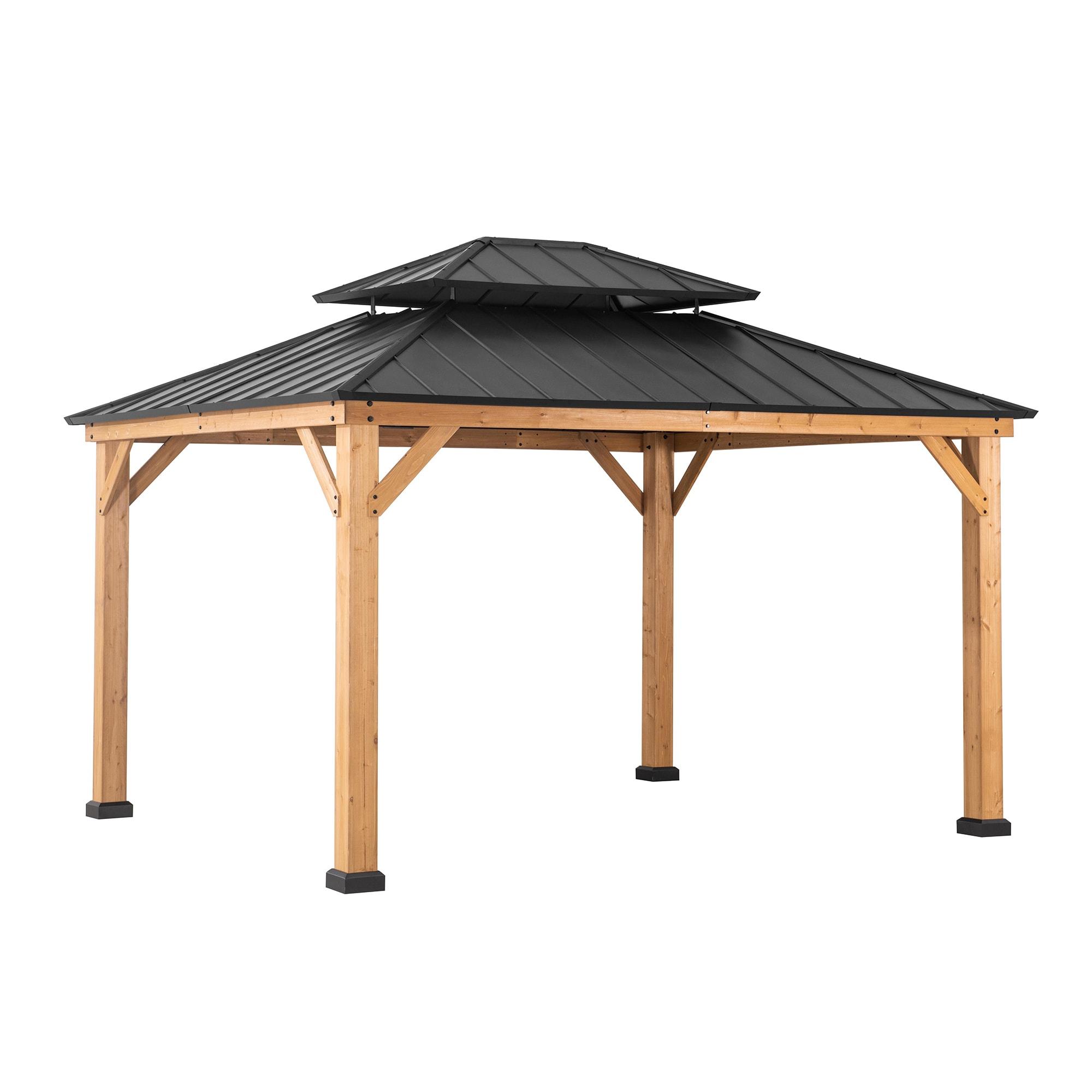 Sunjoy Wood Gazebo Cedar Framed Gaezbos with Black Double Steel Hardtop Roof for Garden,