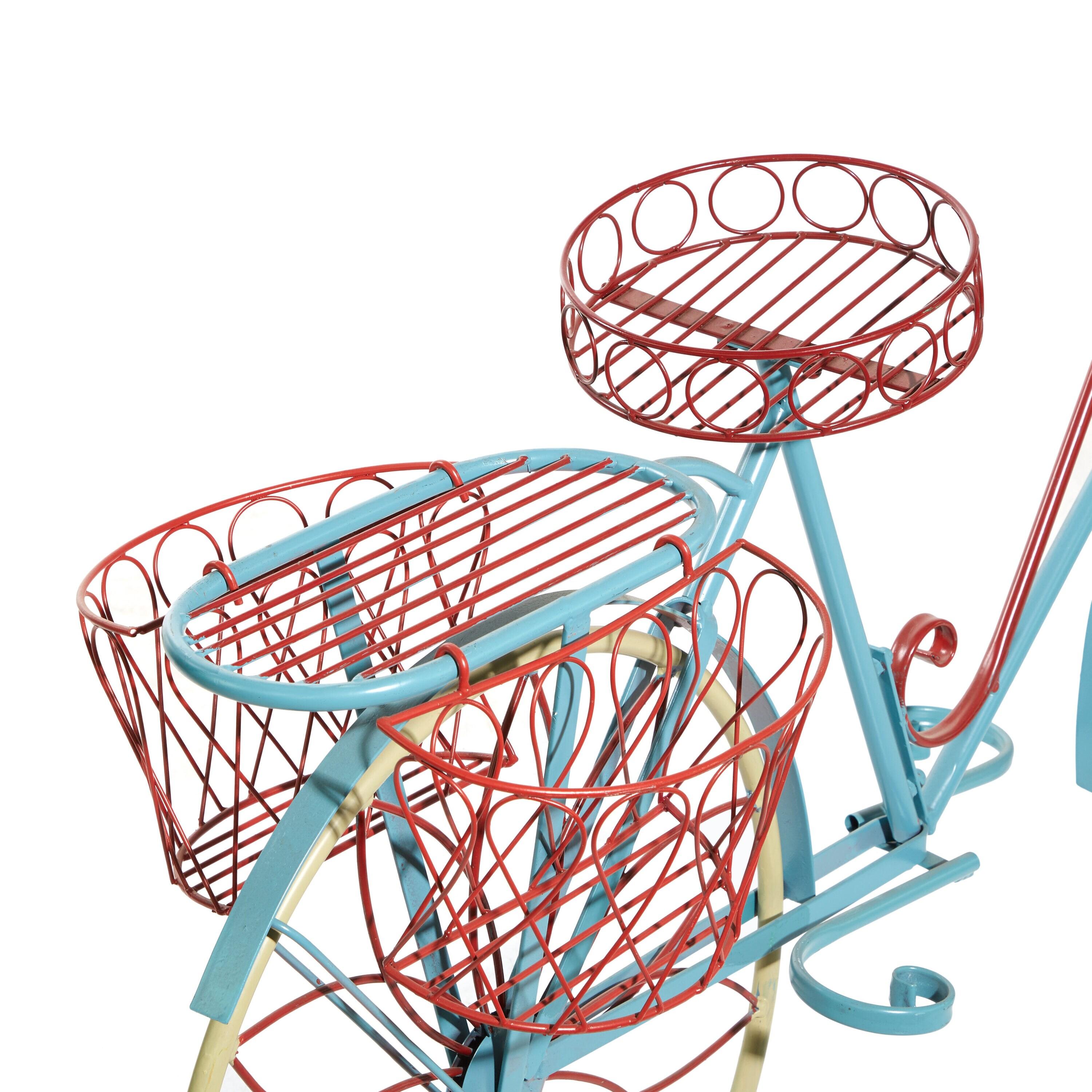 DecMode Vintage Turquoise/Red 3 Tier Bicycle Inspired Metal Plantstand, 54"W x 32"H