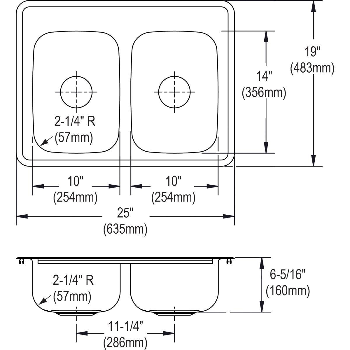 Dayton Stainless Steel D225191 25" x 19" x 6-5/16", Equal Double Bowl Top Mount Sink