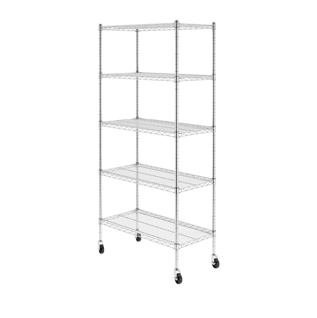 SafeRacks 18 x 36 x 72" 5 Tier Steel Wire Storage Shelving Rack w/Wheels, Silver