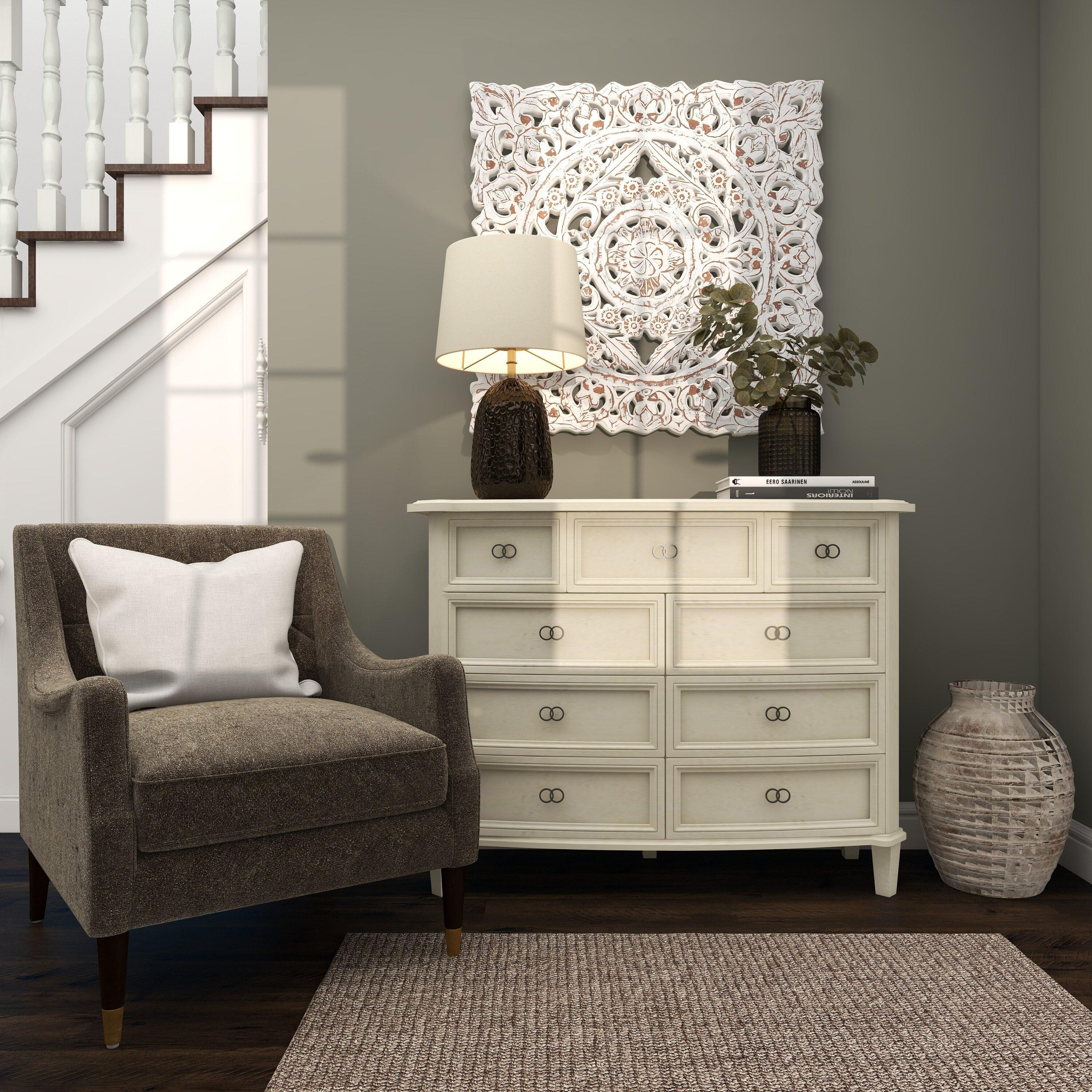 DecMode Traditional Wood Square White Handmade Wall Décor with Carved Mandala Design, 36"W x 36"H
