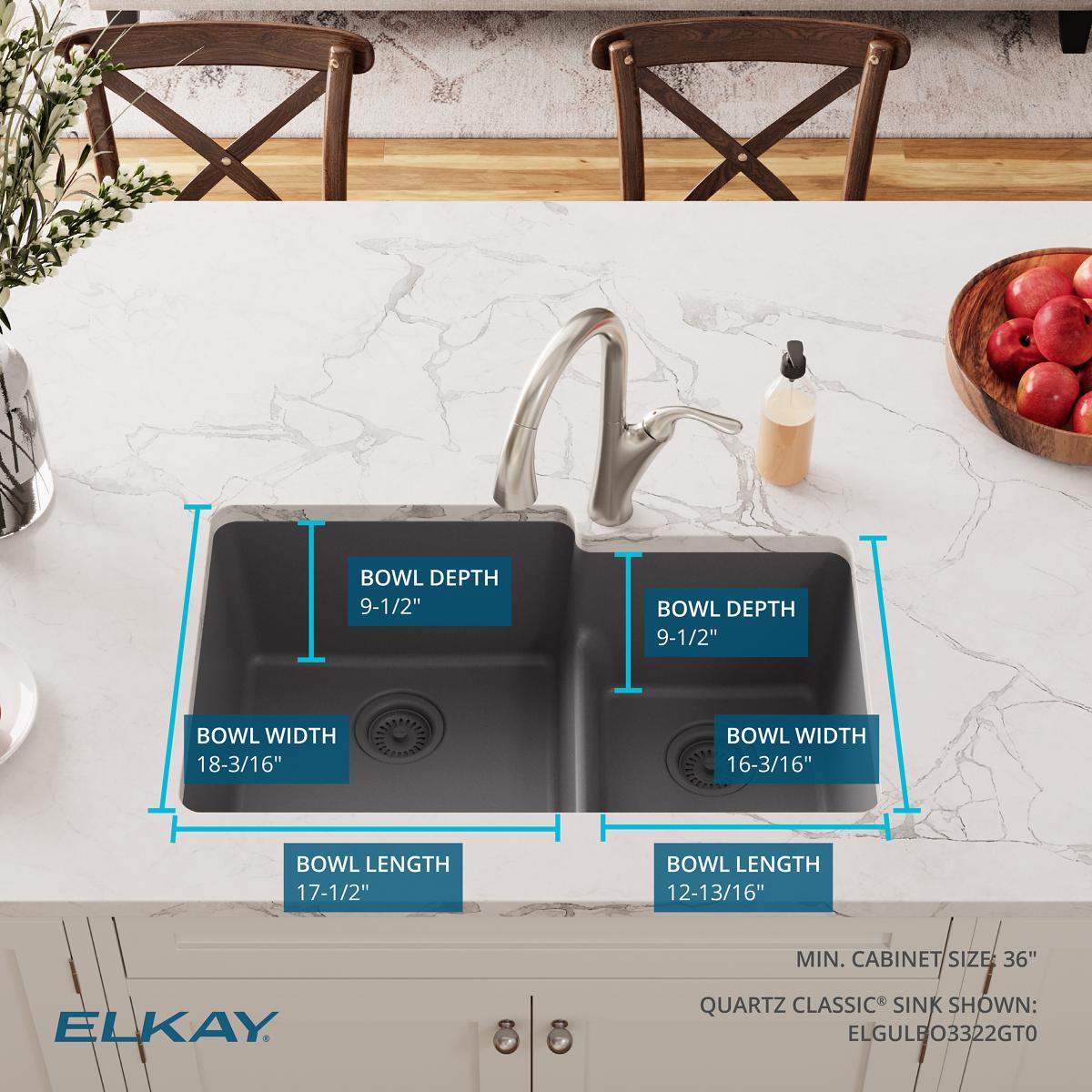 Elkay Quartz Classic 33" x 20-1/2" x 9-1/2" Double Bowl Undermount Sink with Aqua Divide Graphite