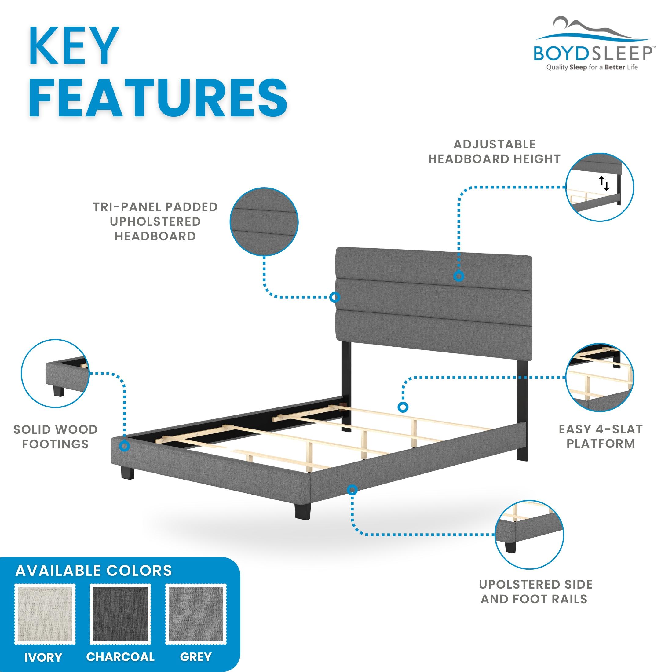 Boyd Sleep Ravenna Upholstered Linen Tri-Panel Channel Adjustable Height Headboard Platform Bed Frame