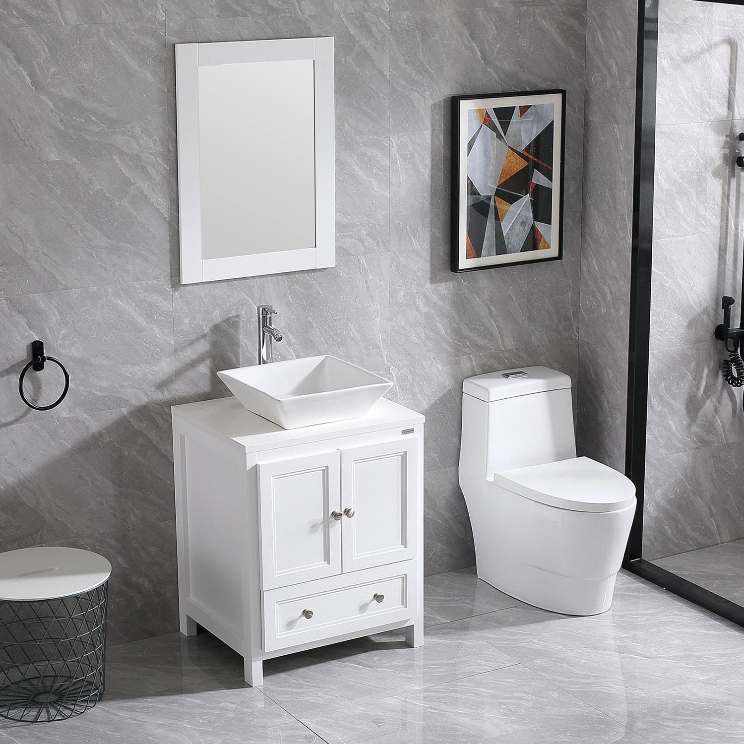 24 Inch Bathroom Vanity with Sink, Single Sink Bathroom Vanity, Modern Small Bathroom Vanity Cabinet with Mirror Sink Drain Faucet Set, White