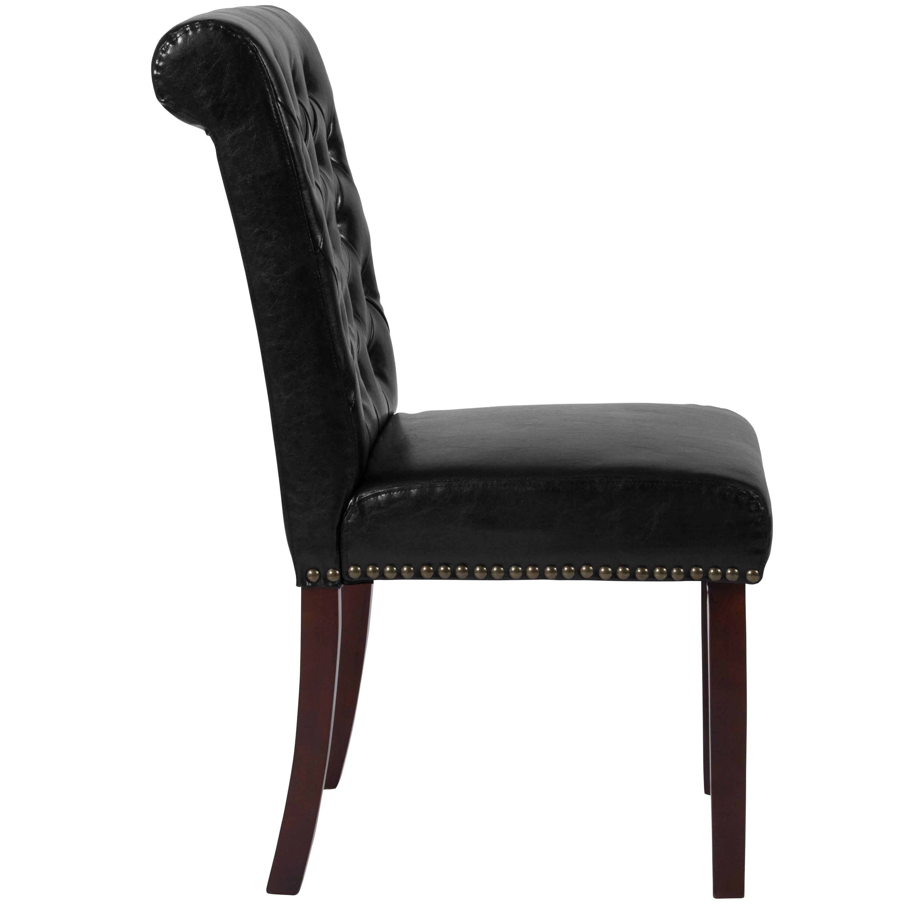 Flash Furniture HERCULES Series Black LeatherSoft Parsons Chair with Rolled Back, Accent Nail Trim and Walnut Finish