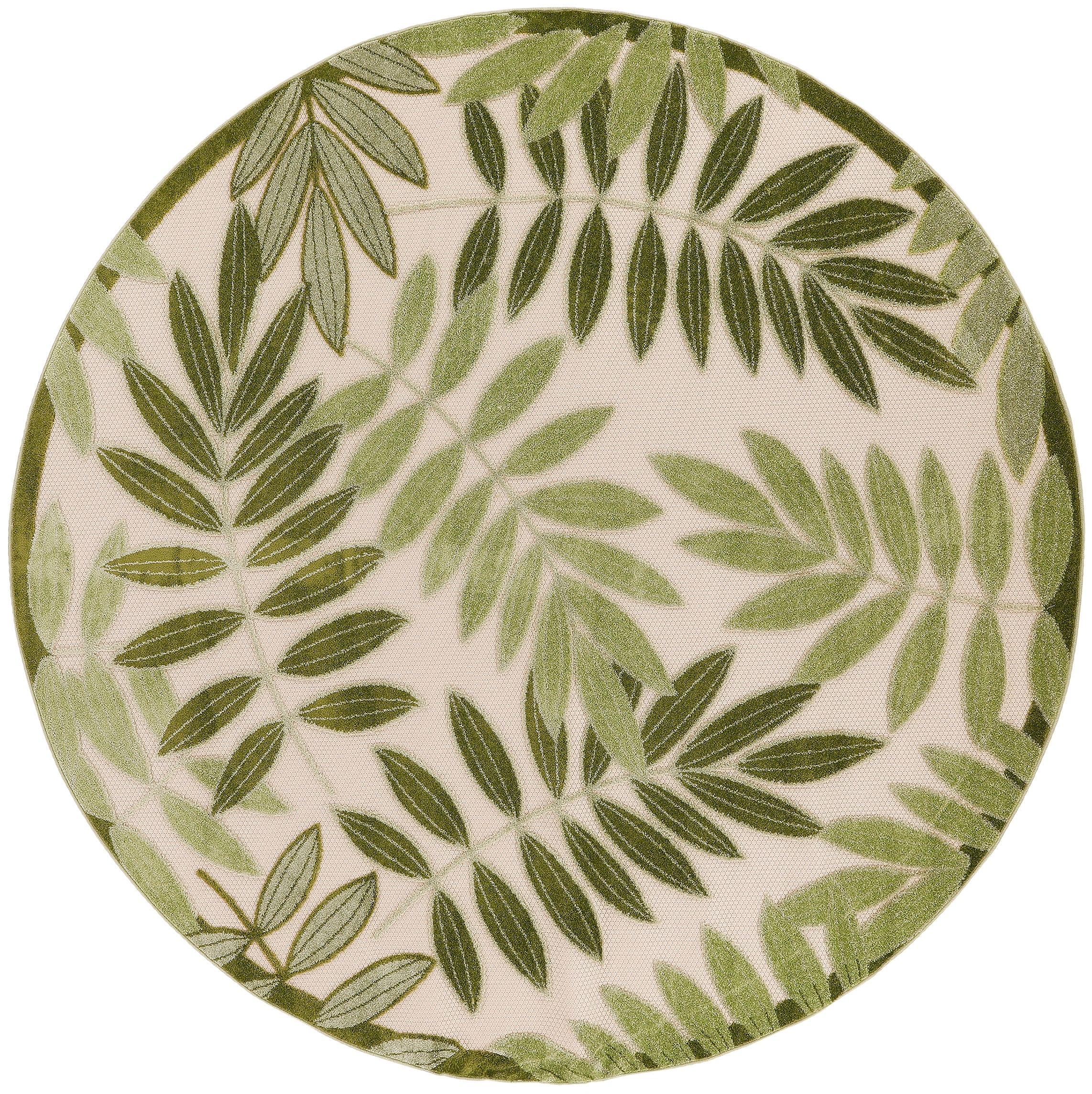 Nourison Aloha Floral Leaf Flatweave High-Low Indoor Outdoor Round Rug Ivory Green 5'3" x 5'3"