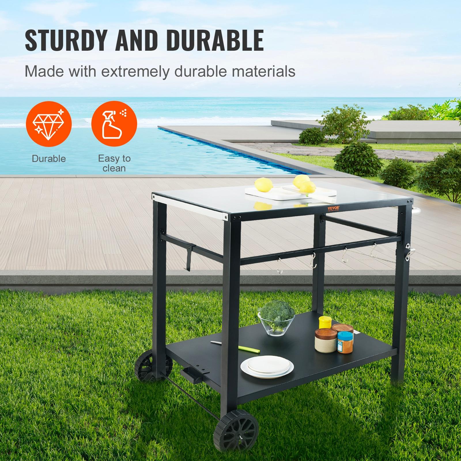 Outdoor Grill Dining Cart with Double-Shelf, BBQ Movable Food Prep Table, Multifunctional Iron Table Top, Portable Modular Carts for Pizza Oven, Worktable with 2 Wheels, Carry Handle, Black