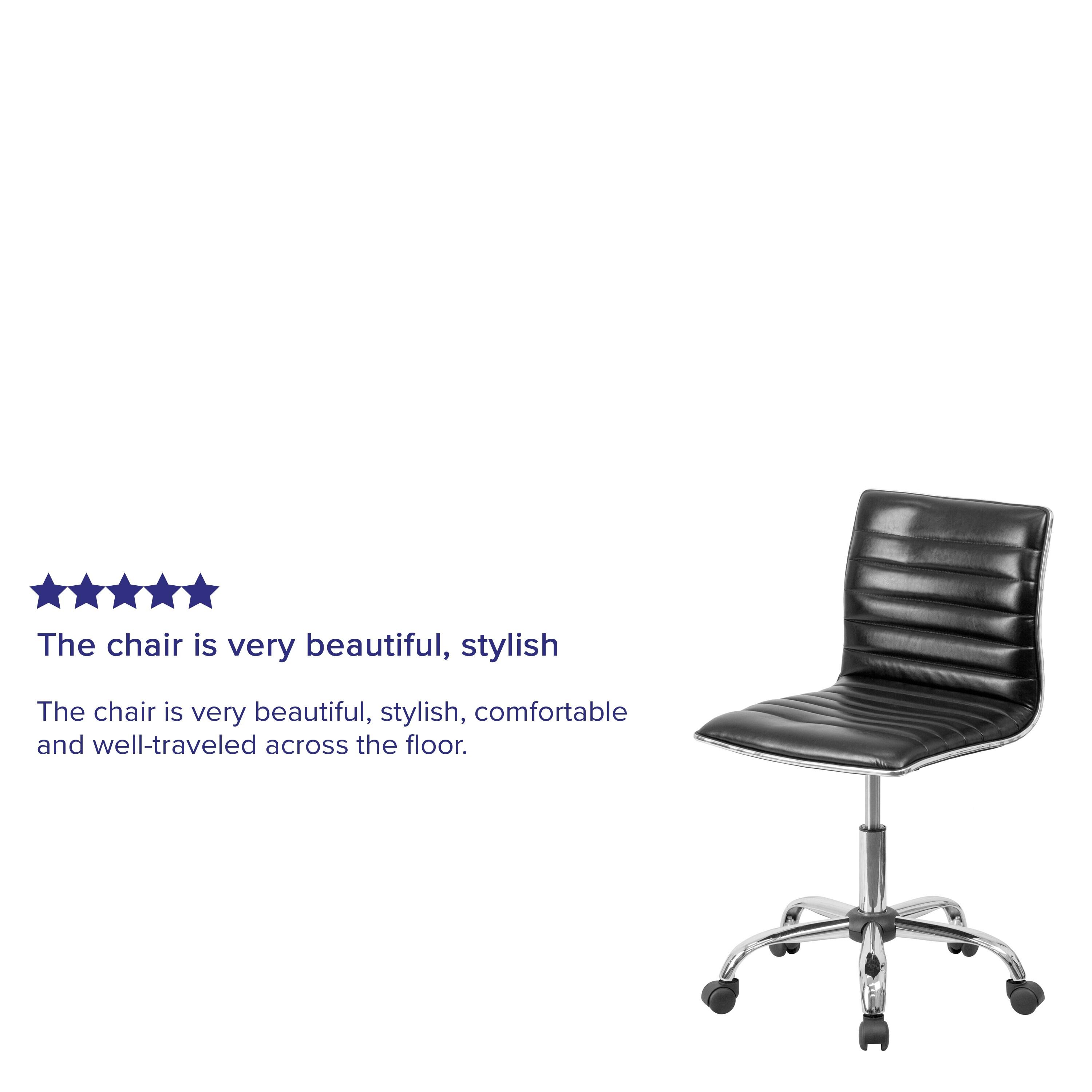 QueelQuest Adjustable Task Chair PU Leather Low Back Ribbed Armless Swivel Black Desk Chair Office Chair Wheels (Black)