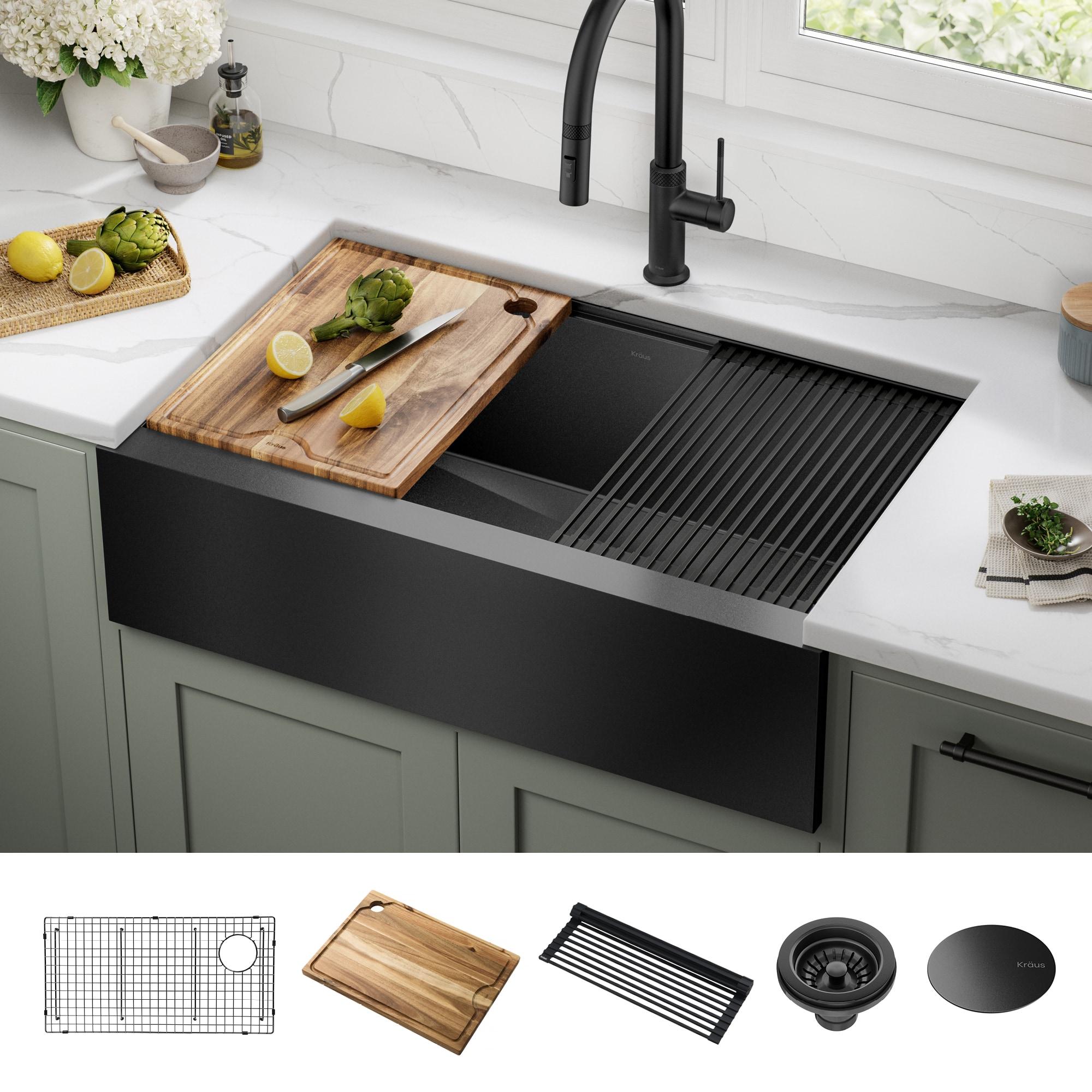 KRAUS Kore™ Workstation 33" L Farmhouse Modern Flat Apron Front 16 Gauge Black Stainless Steel Single Bowl Kitchen Sink