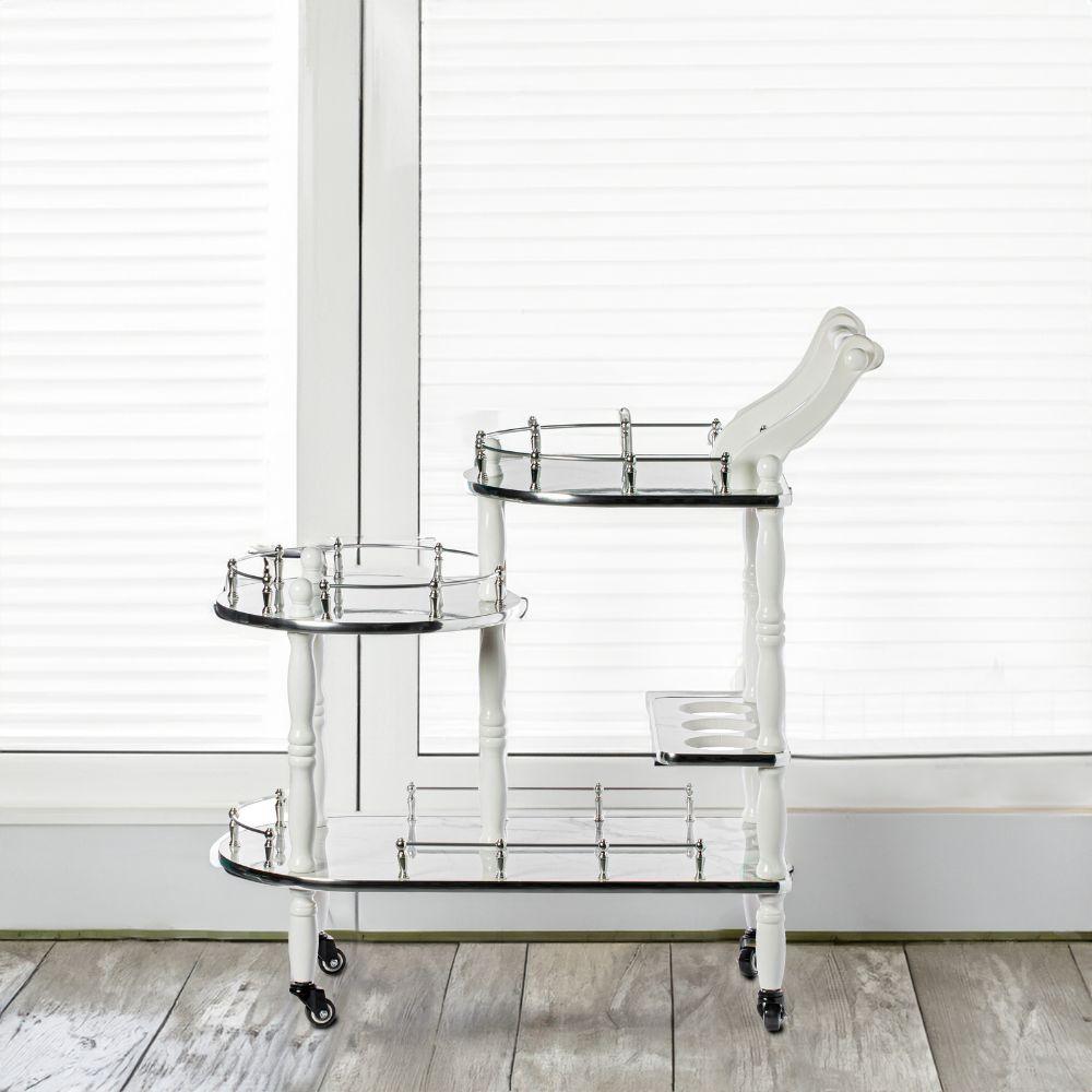 Fabulaxe Wood Serving Bar Cart Tea Trolley with 3 Tier Shelves and Rolling Wheels, Silver, White and Gray
