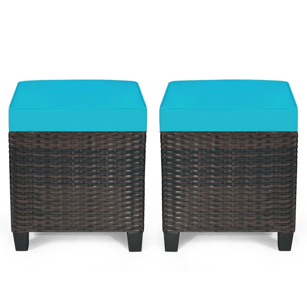 Costway 2PCS Patio Rattan Ottoman Cushioned Seat w/ Foot Rest Turquoise