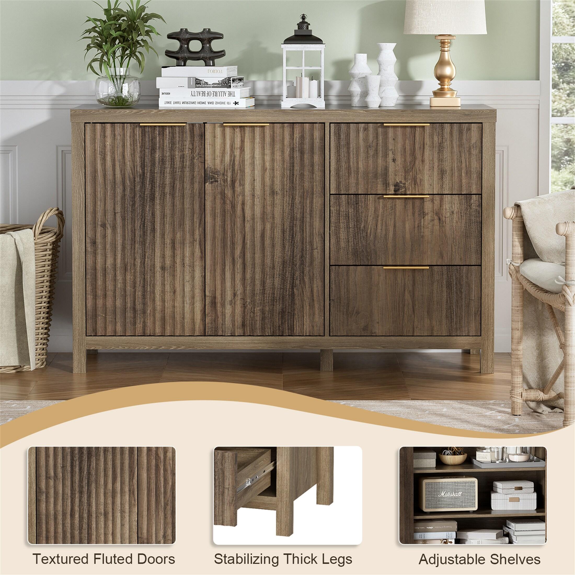 47" Brown MDF Wood Sideboard Buffet Cabinet with Grooved Doors and Drawers