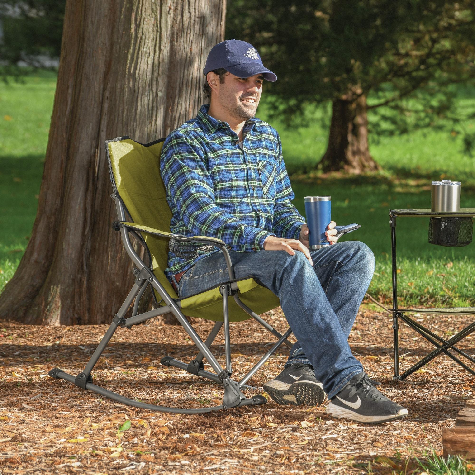 Moss Green Polyester Folding Rocking Quad Chair with Cup Holder