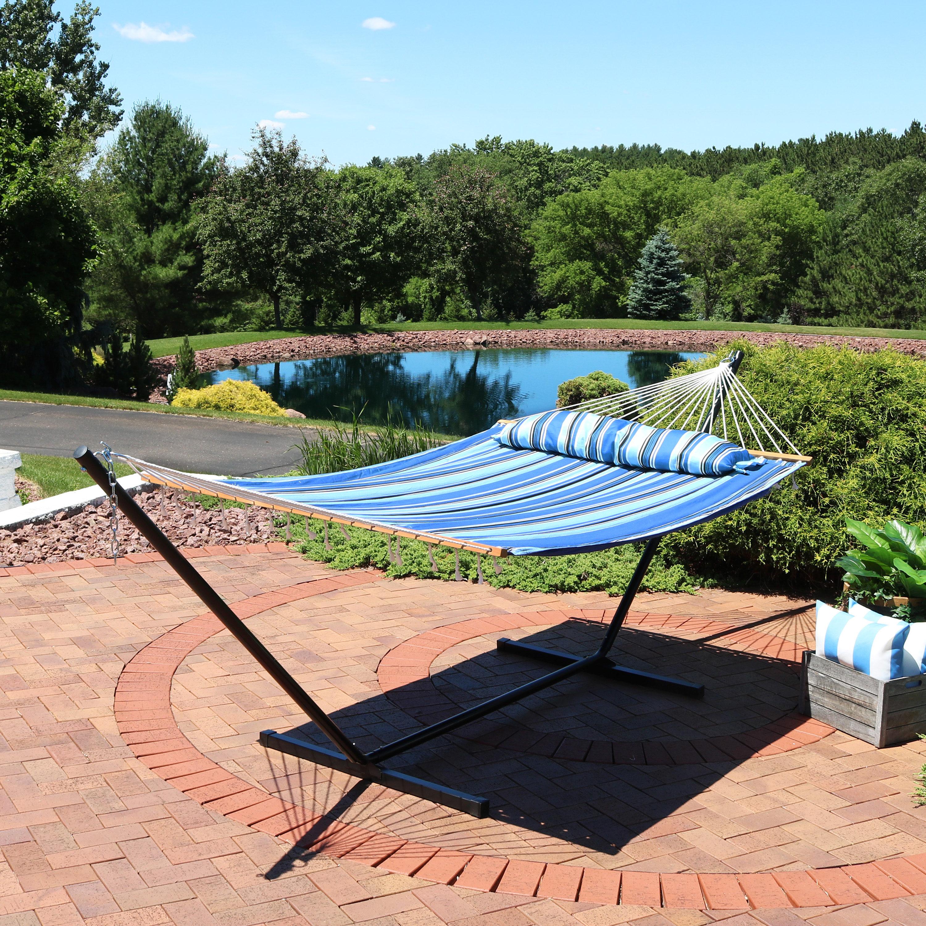 Misty Beach Blue Quilted Fabric Hammock with Steel Stand