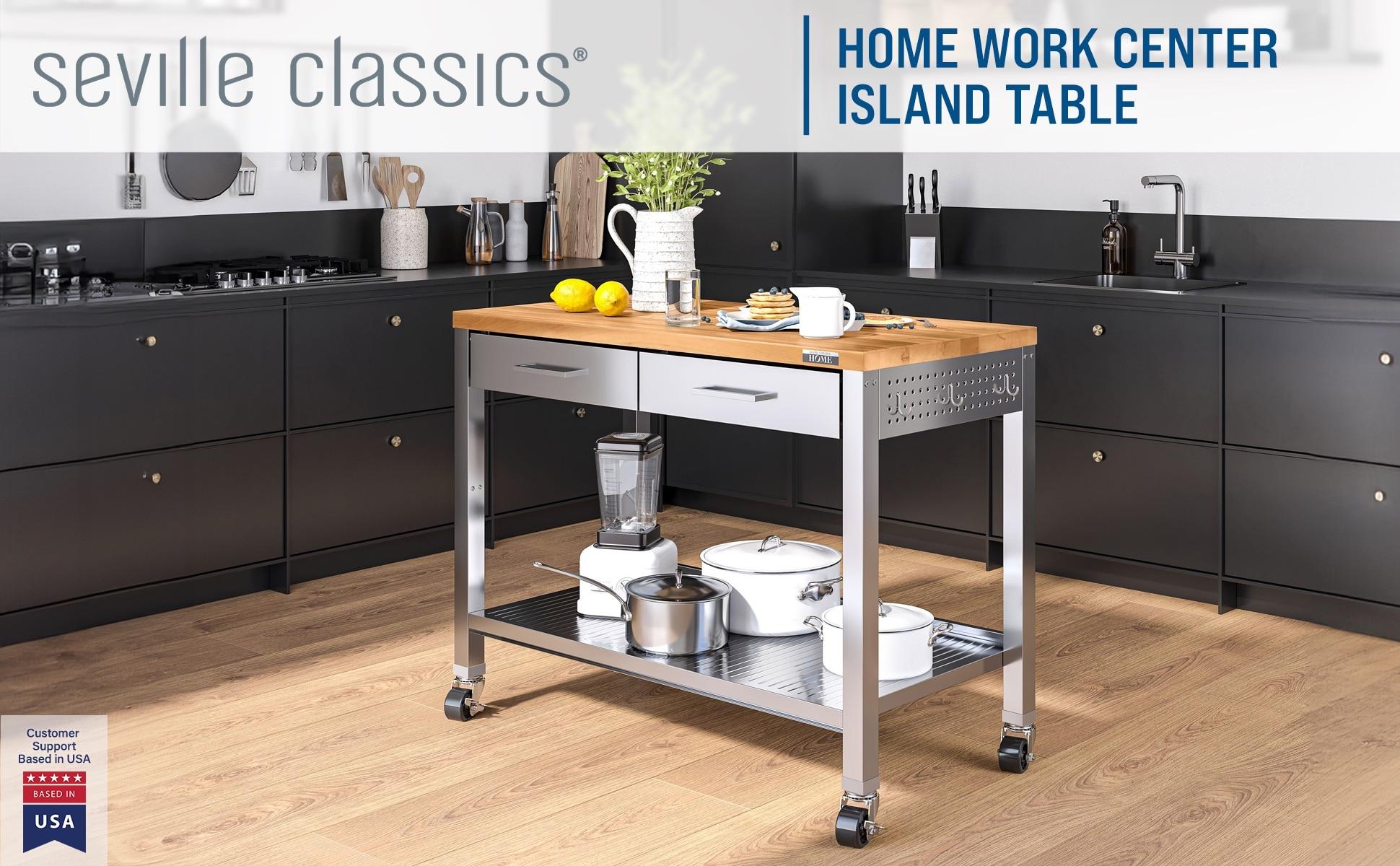 48'' Wide Stainless Steel Kitchen Rolling Cart Island with Solid Wood Top