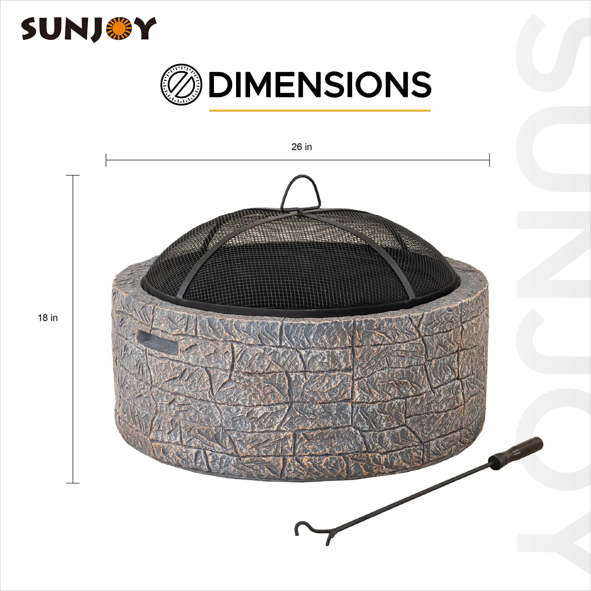 SUNJOY 26 Inch Stone Fire Pit, Patio Outdoor Round Wood Burning Fire Pits for Outside with Spark Screen and Poker, Stone Gray