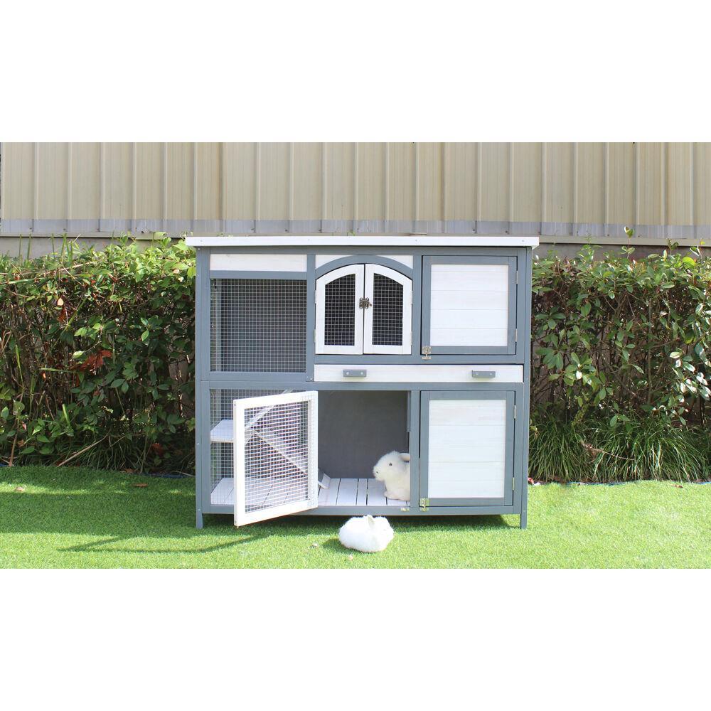 Hanover Outdoor Wooden 2-Story Rabbit Hutch with 2 Ramps, Wire Mesh Run and Removable Tray 4 Ft. W x 1.6 Ft. D x 3.4 Ft. H