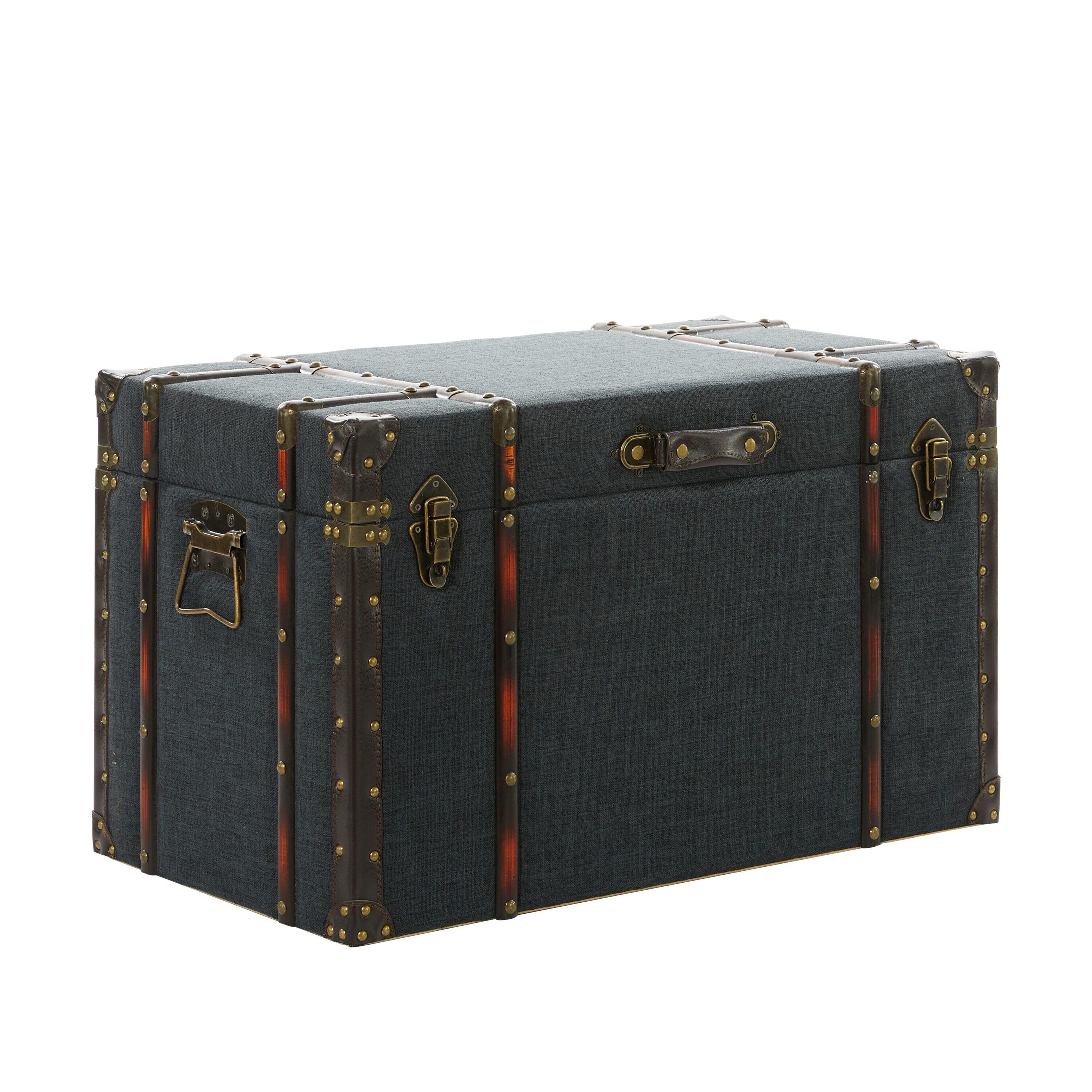 DecMode 24" x 13" Blue Linen Fabric Nesting Upholstered Trunk with Buckle Hinged Top, 3-Pieces
