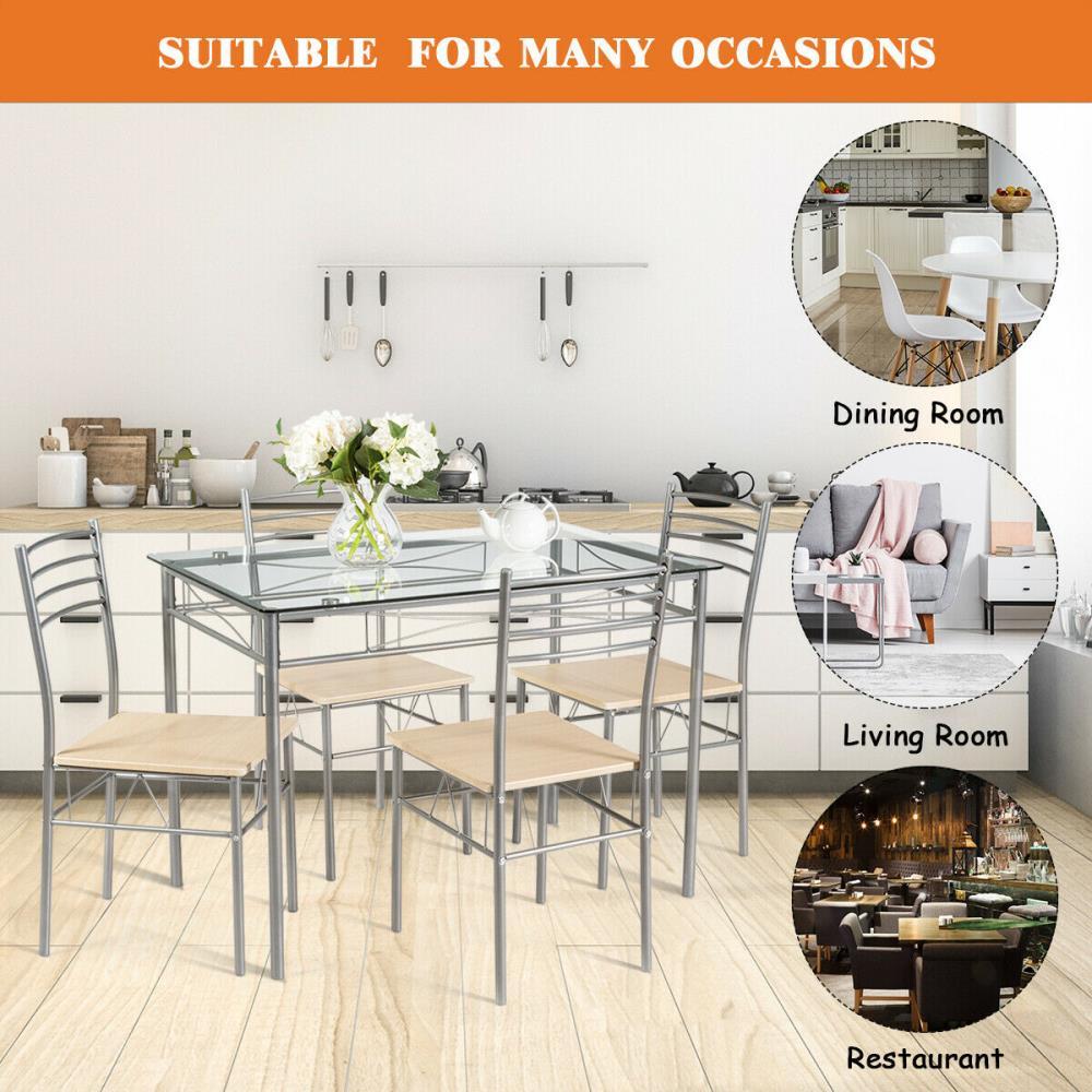 Costway 5 Piece Dining Set Table and 4 Chairs Glass Top Kitchen Breakfast Furniture Brown