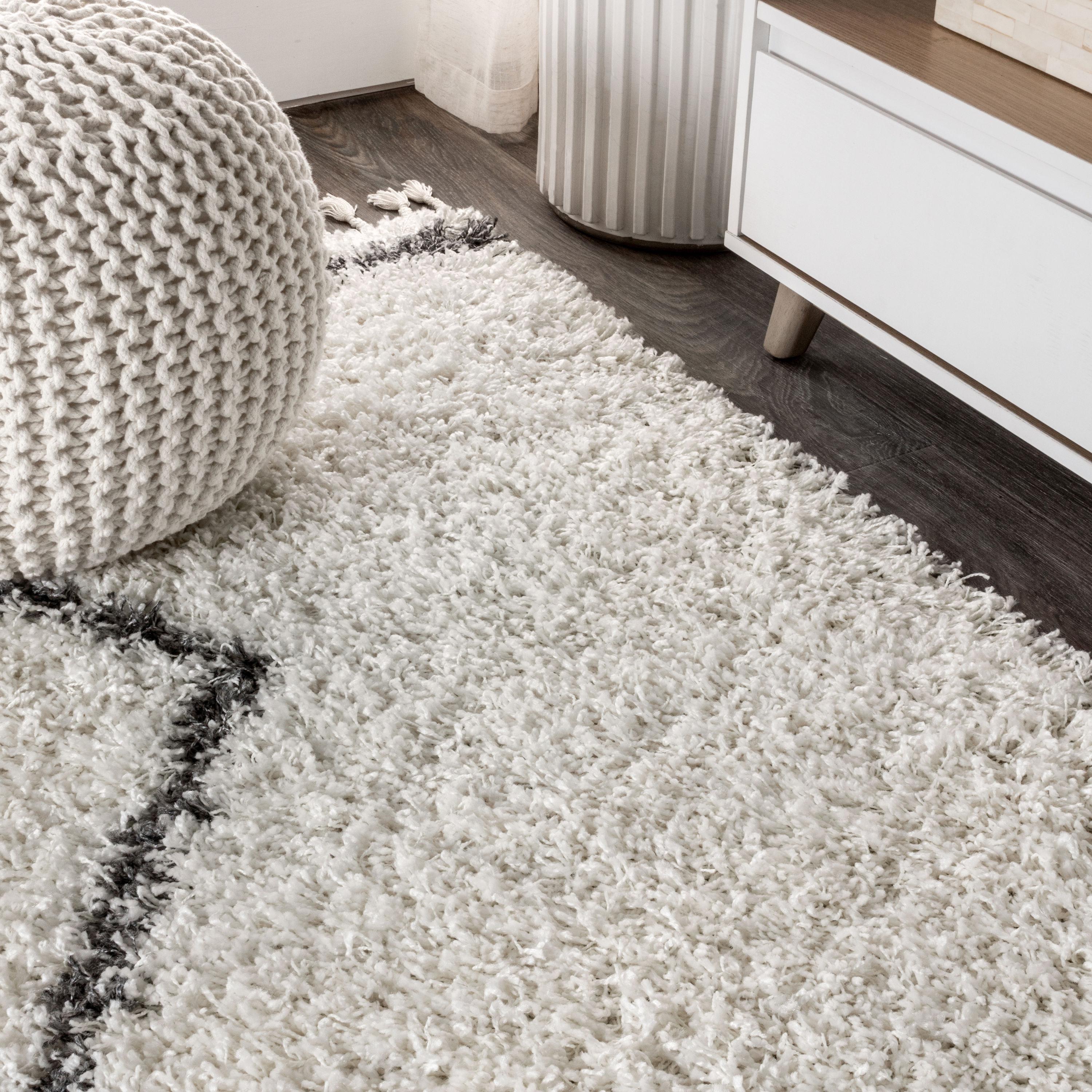 5'x8' Mercer Shag Plush Tassel Moroccan Geometric Trellis Area Rug, Cream/Grey - JONATHAN Y