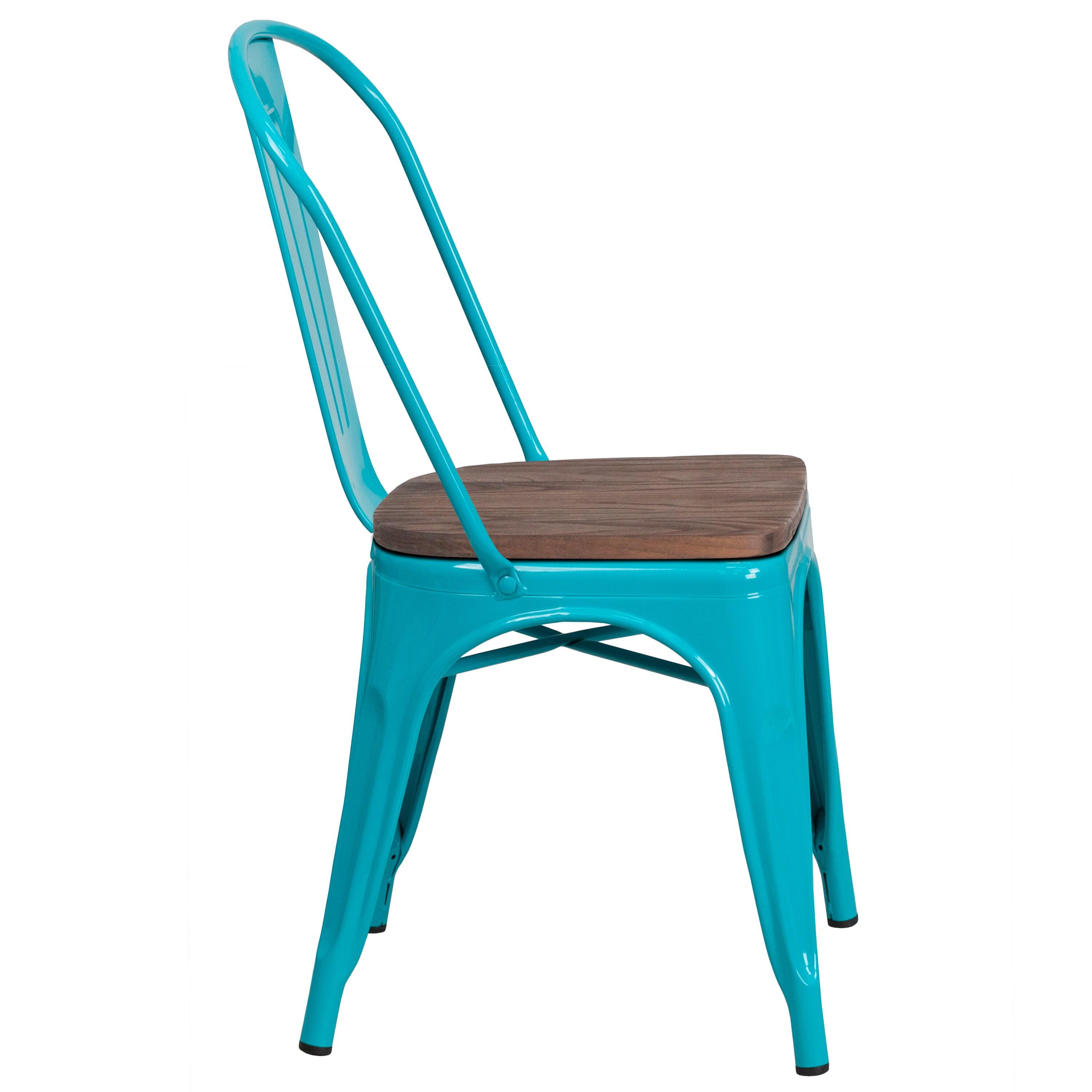 Flash Furniture Crystal Teal-Blue Metal Stackable Chair with Wood Seat