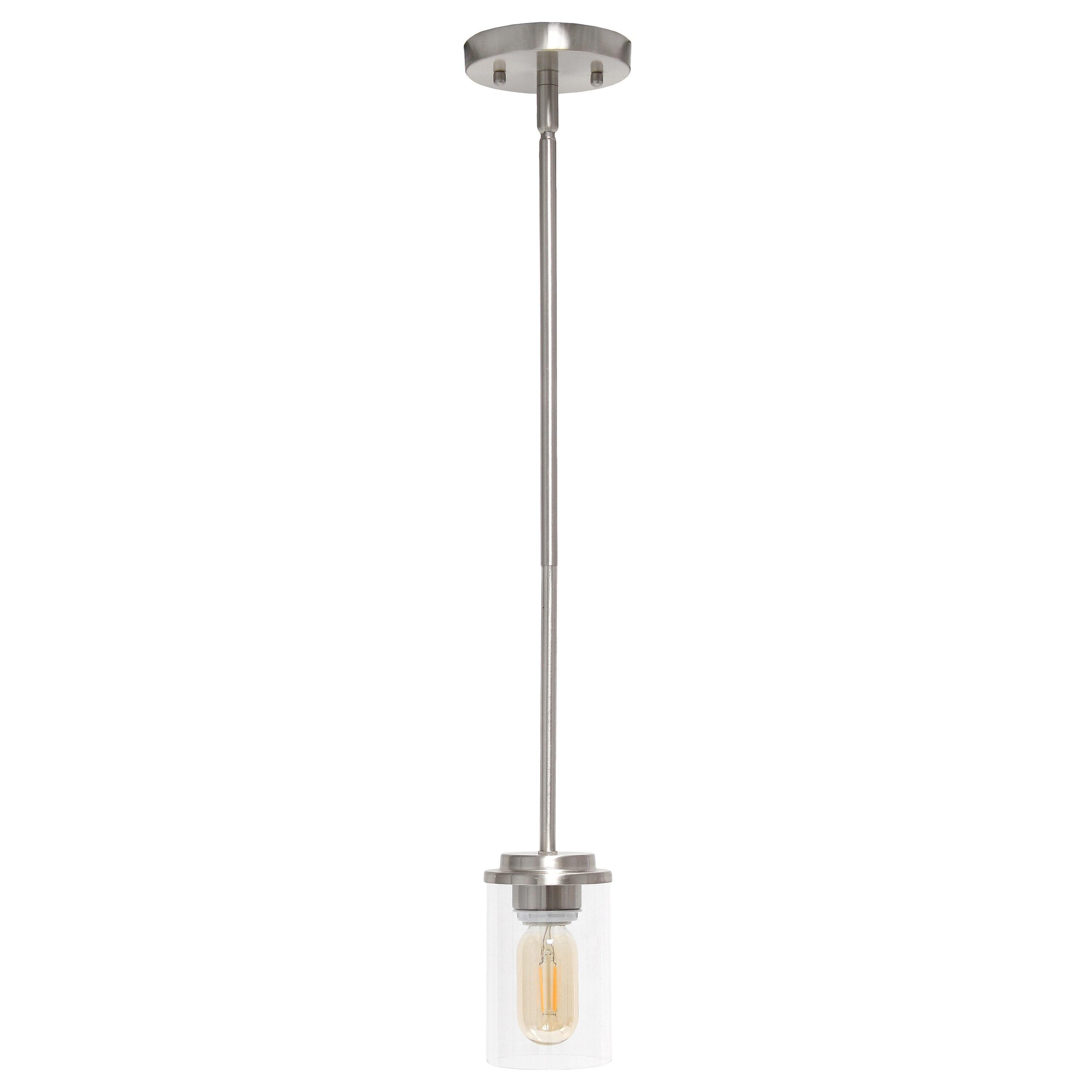 1-Light 5.75" Minimalist Industrial Farmhouse Adjustable Hanging Clear Cylinder Glass Pendant Metallic Silver - Lalia Home: UL Listed, E26 Base