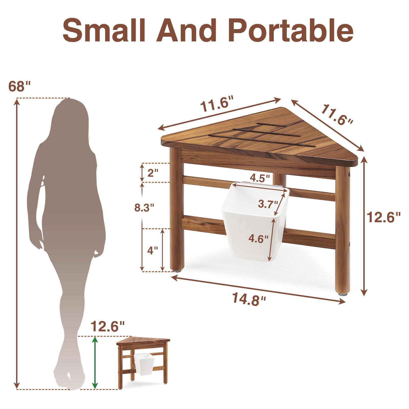 Utopia Alley  12 in. Small Teak Corner Shower Stool with Plastic Storage for Inside Shower, Indoor & Outdoor Use
